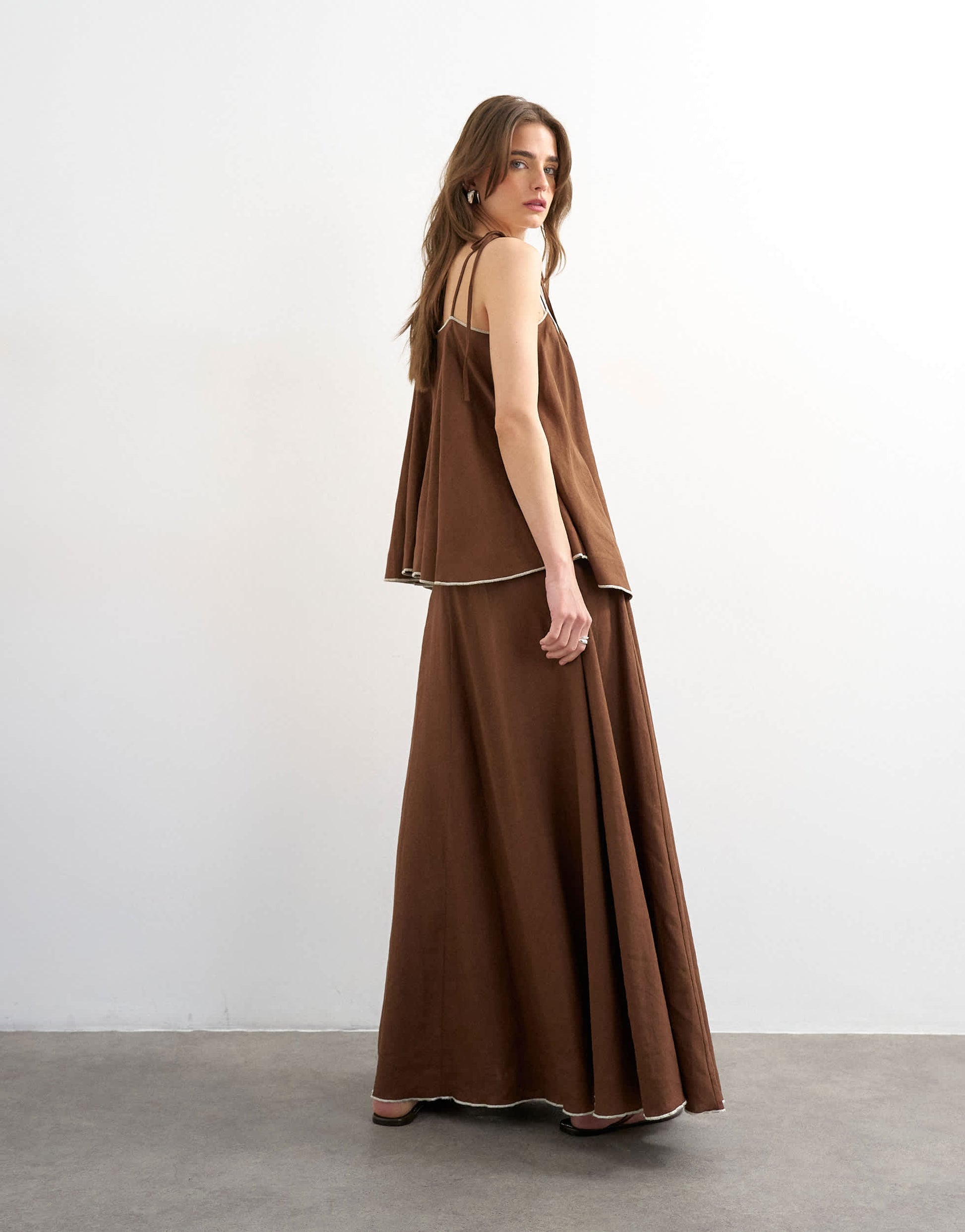 Topshop co-ord linen rich maxi skirt with contrast piping in brown