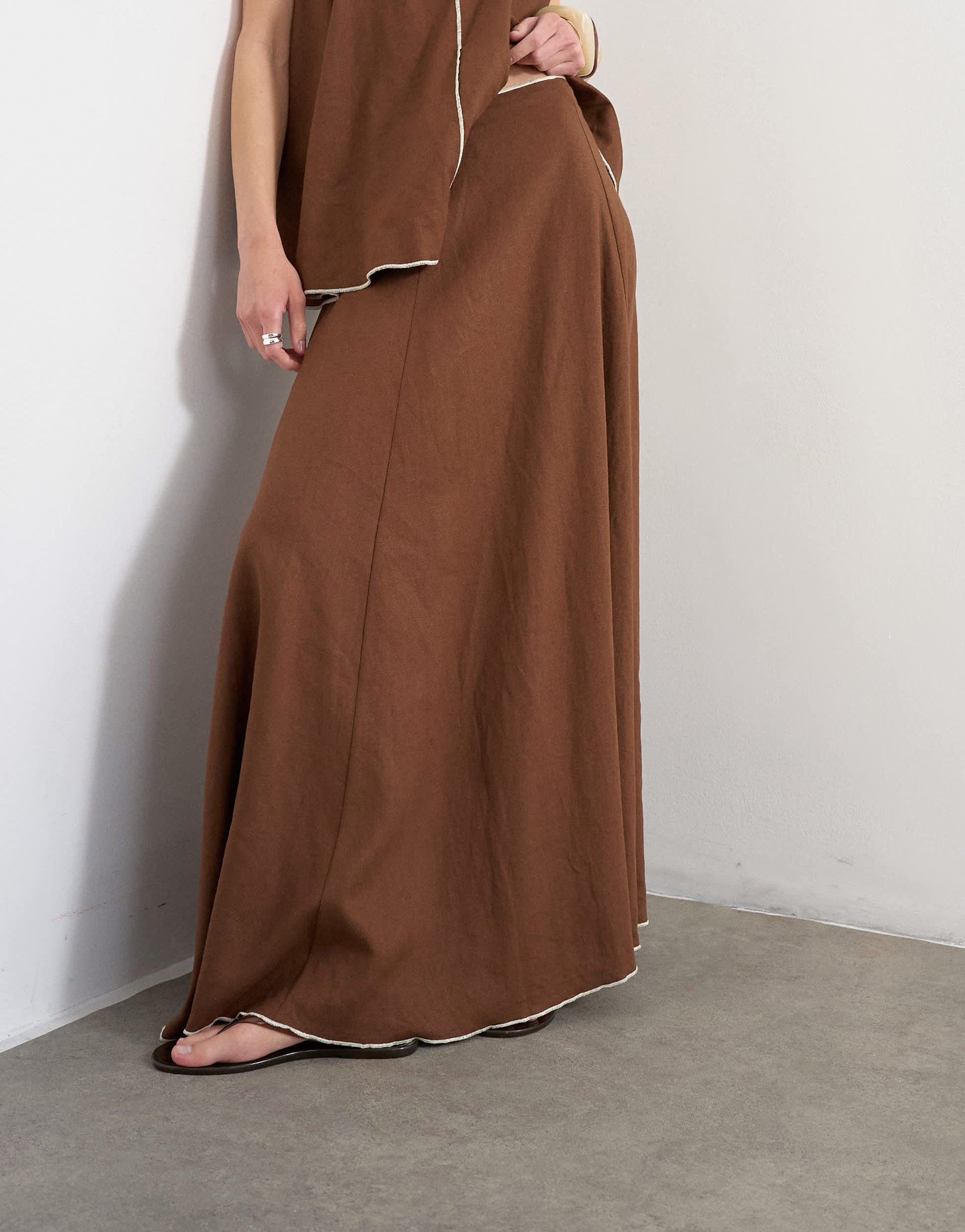 Topshop co-ord linen rich maxi skirt with contrast piping in brown