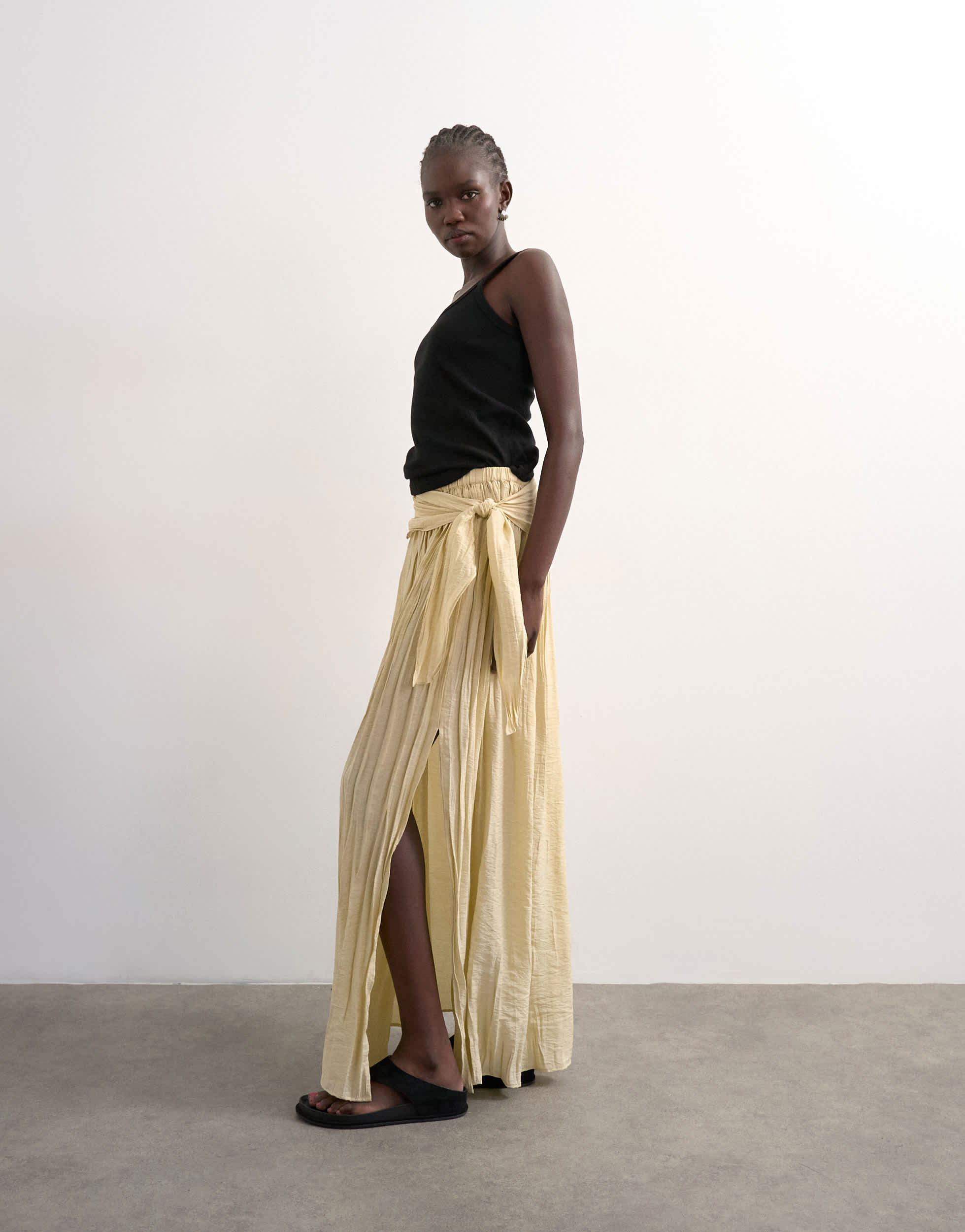 Topshop sash tie crinkle full maxi skirt in natural
