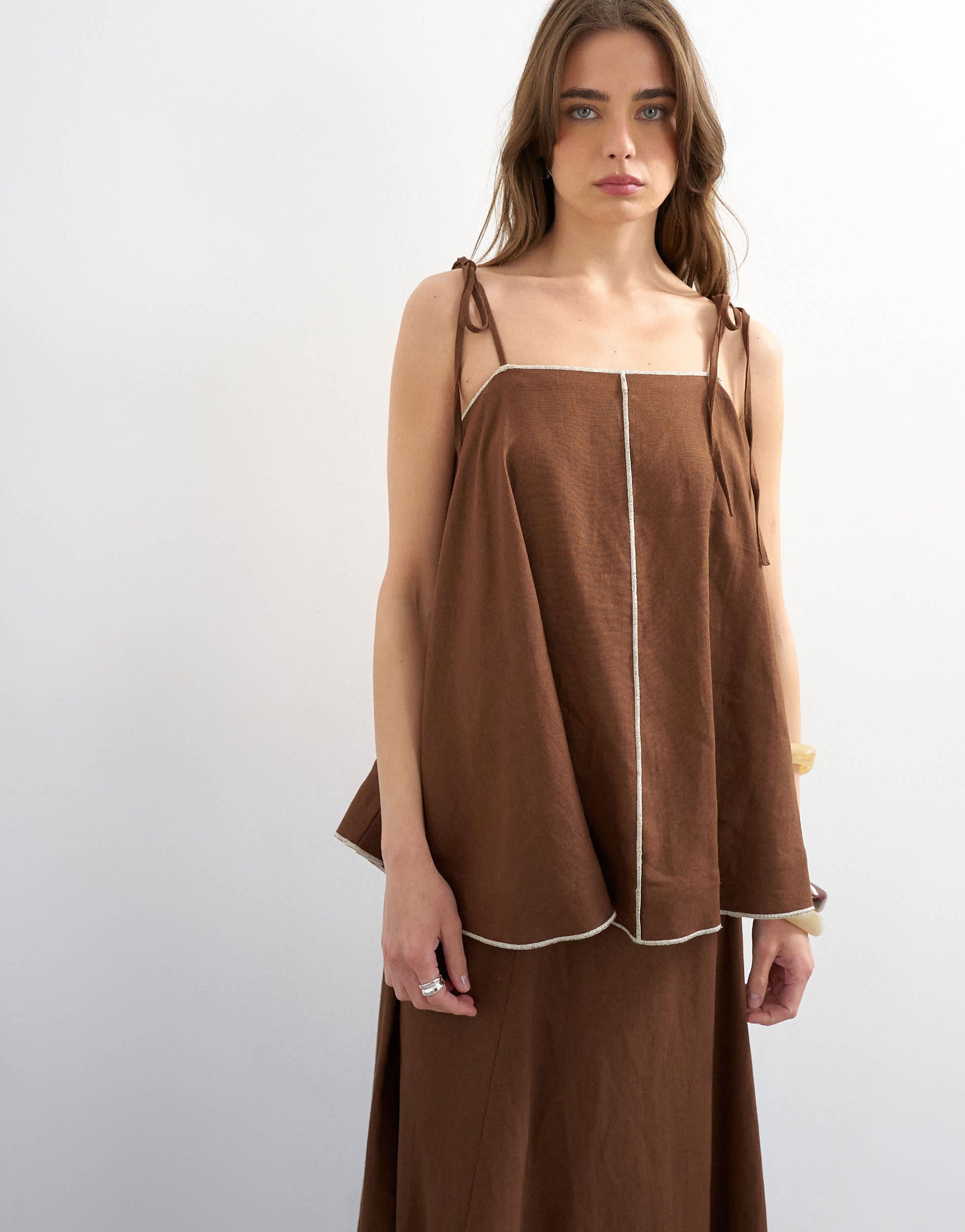 Topshop co-ord linen rich cami top with ecru contrast piping in brown
