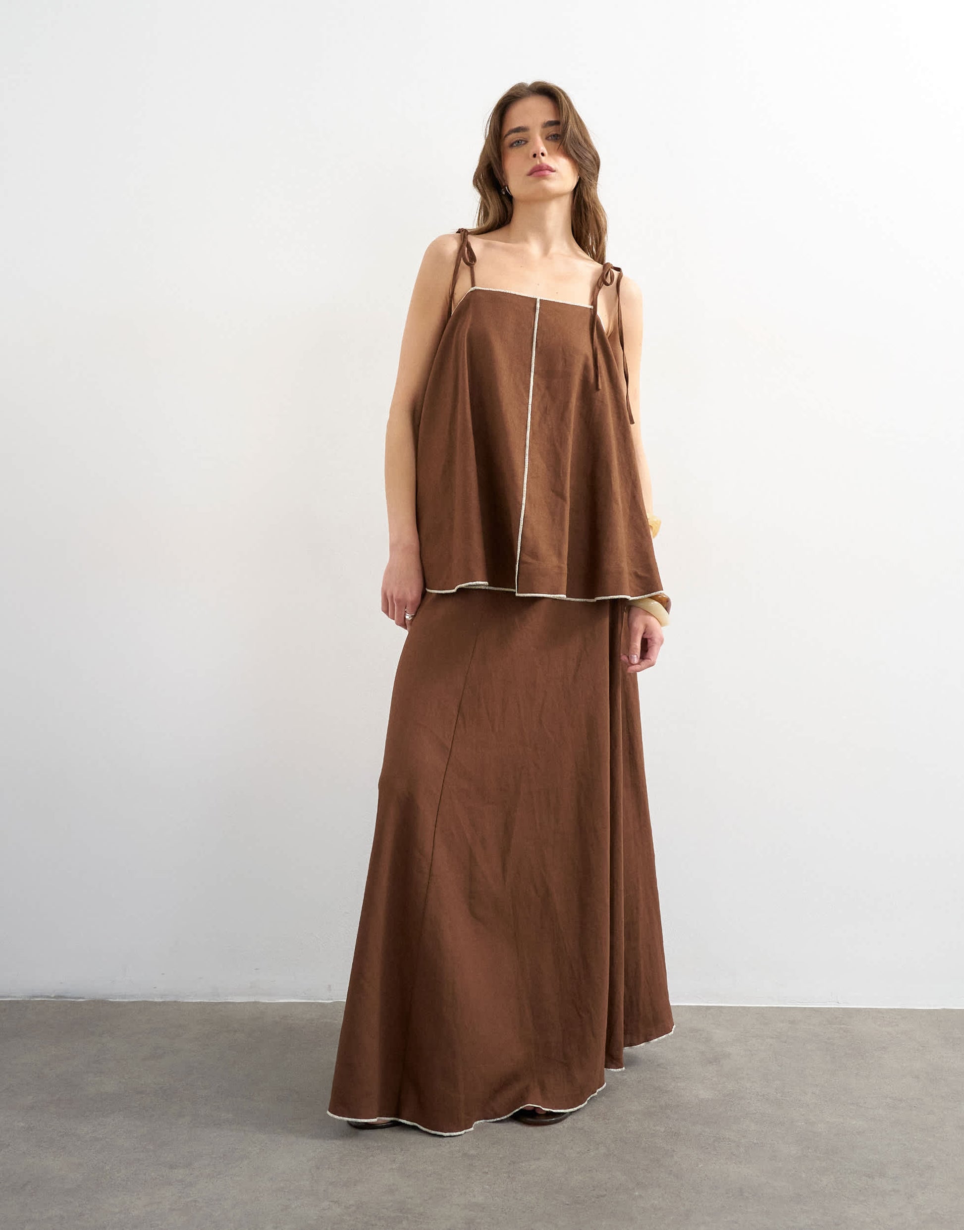 Topshop co-ord linen rich cami top with ecru contrast piping in brown