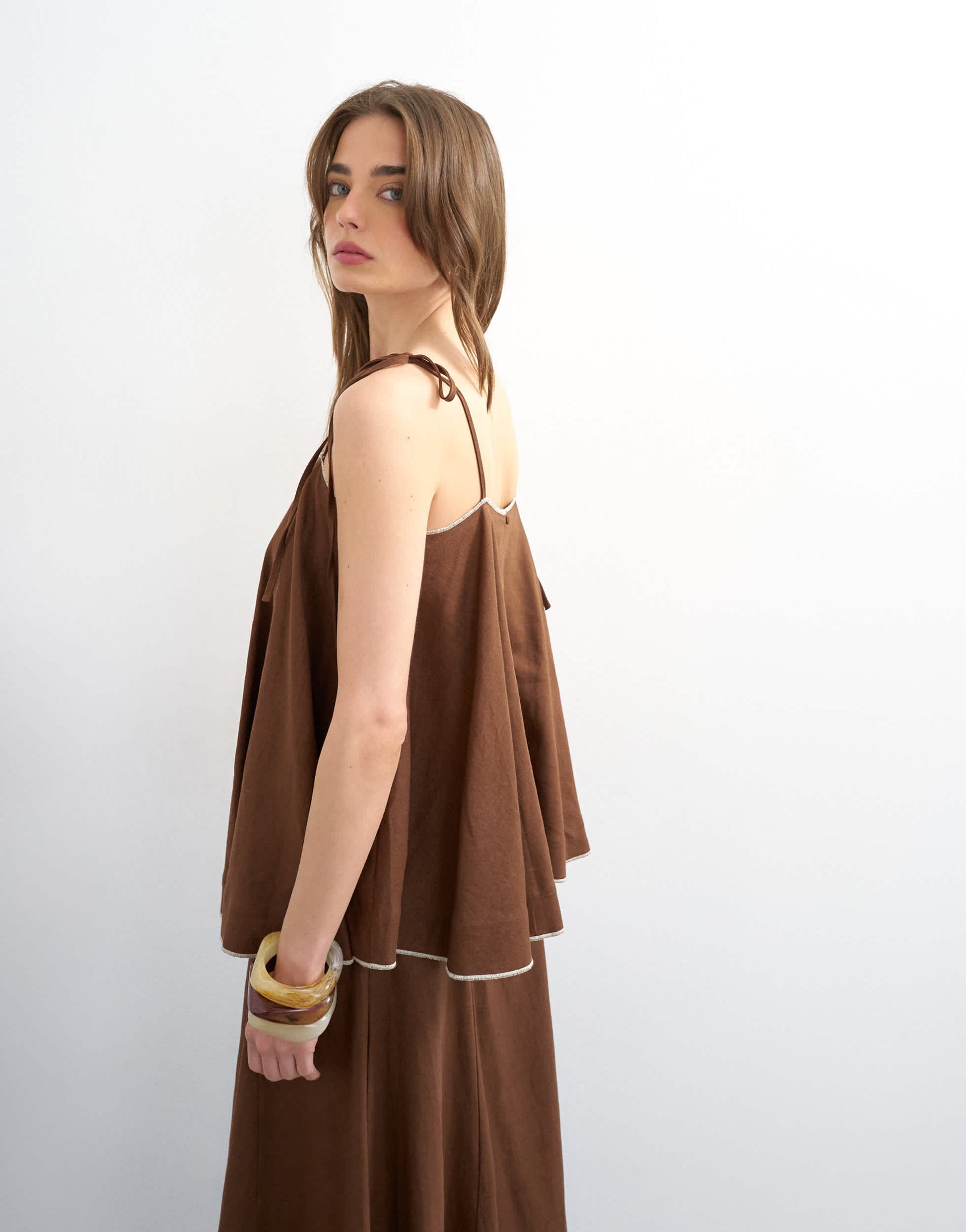 Topshop co-ord linen rich cami top with ecru contrast piping in brown