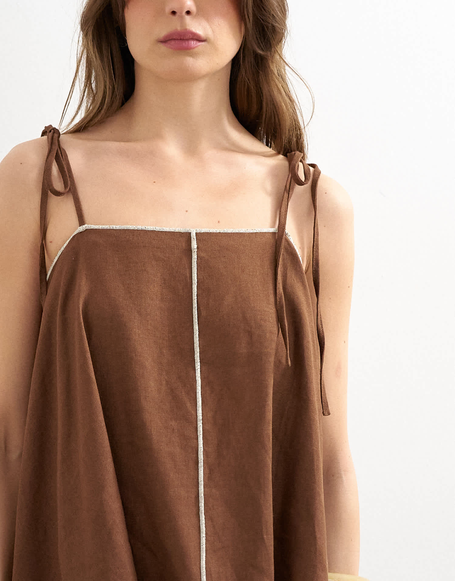 Topshop co-ord linen rich cami top with ecru contrast piping in brown