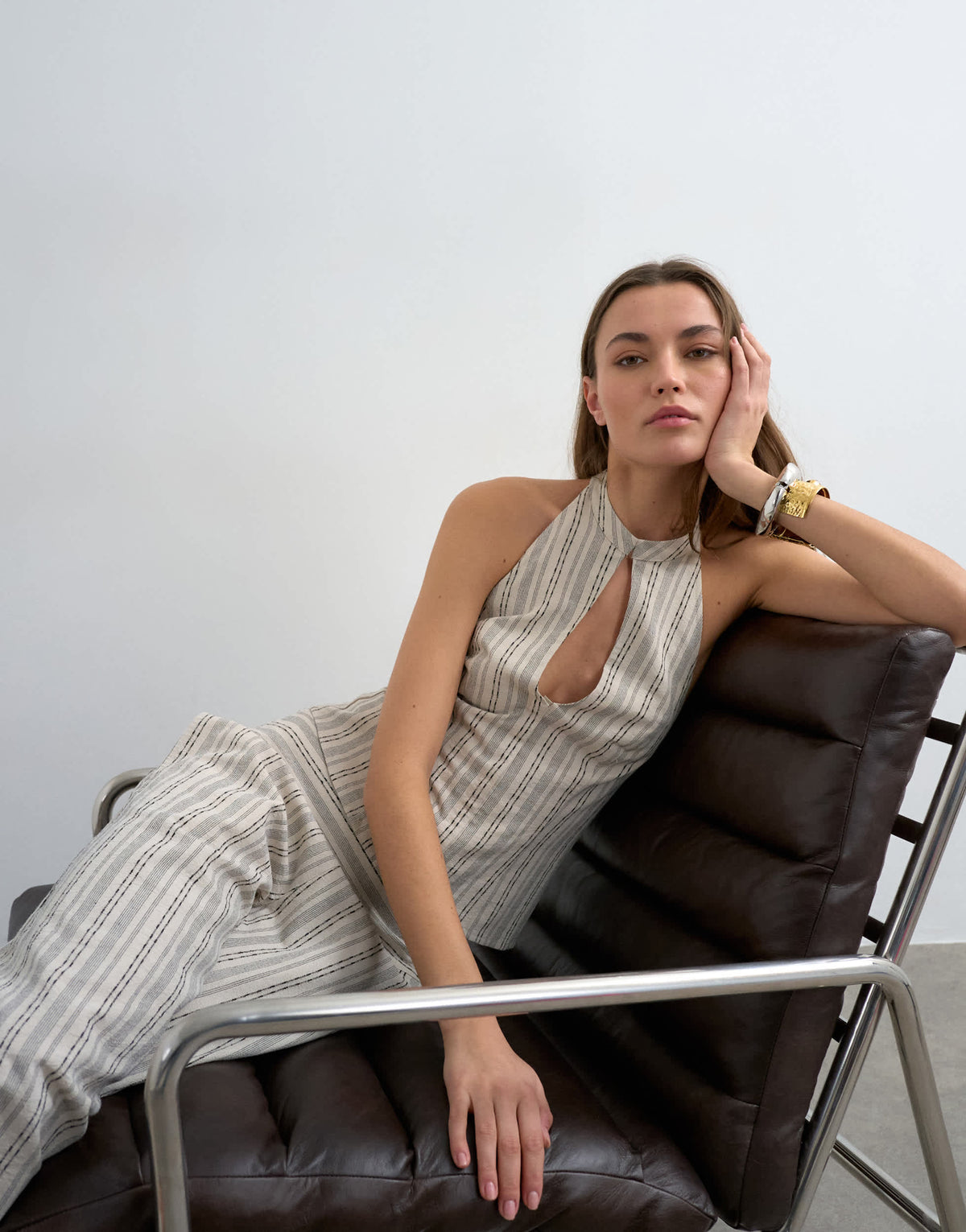 Topshop halter with key hole detail in woven black stripe