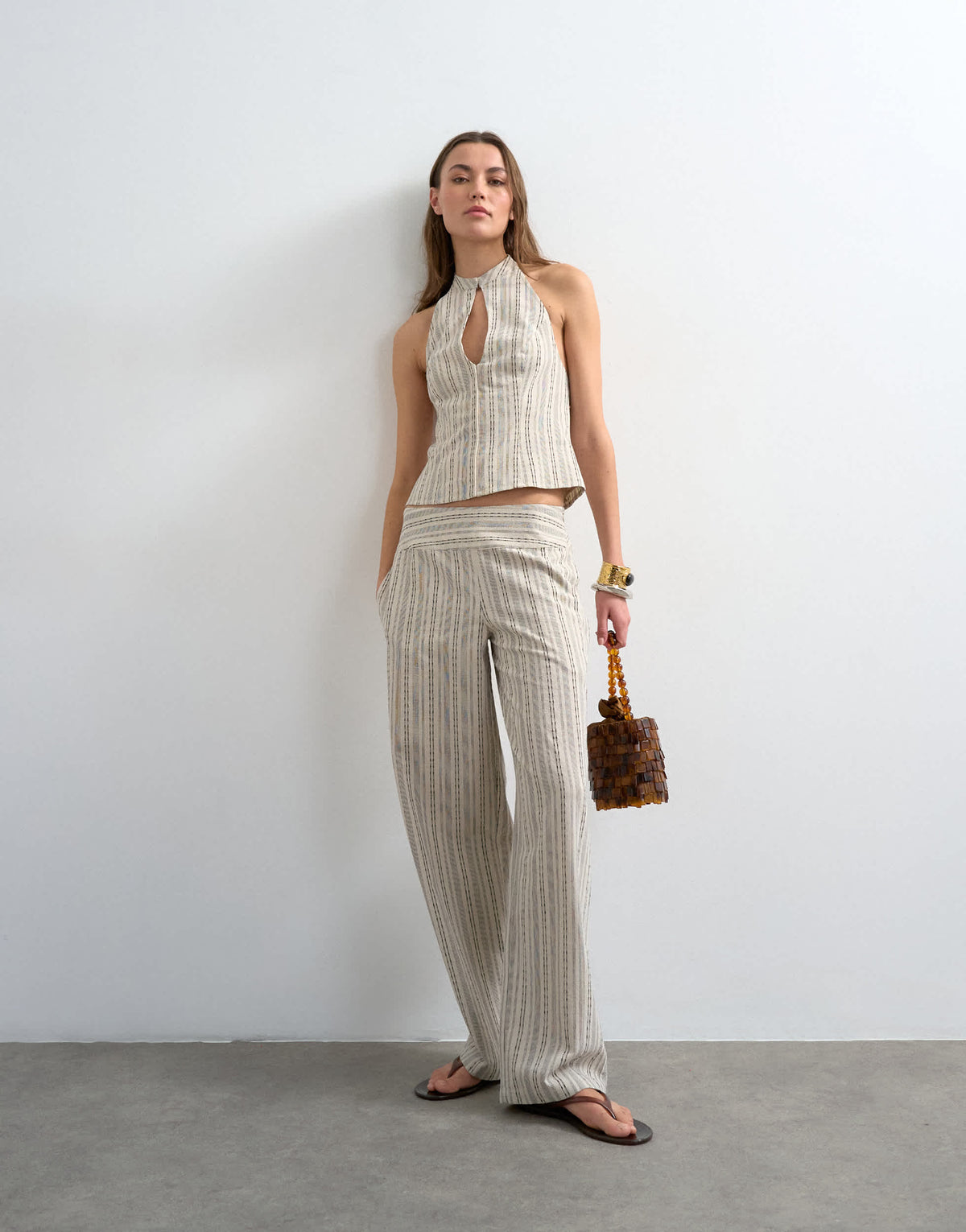 Topshop halter with key hole detail in woven black stripe