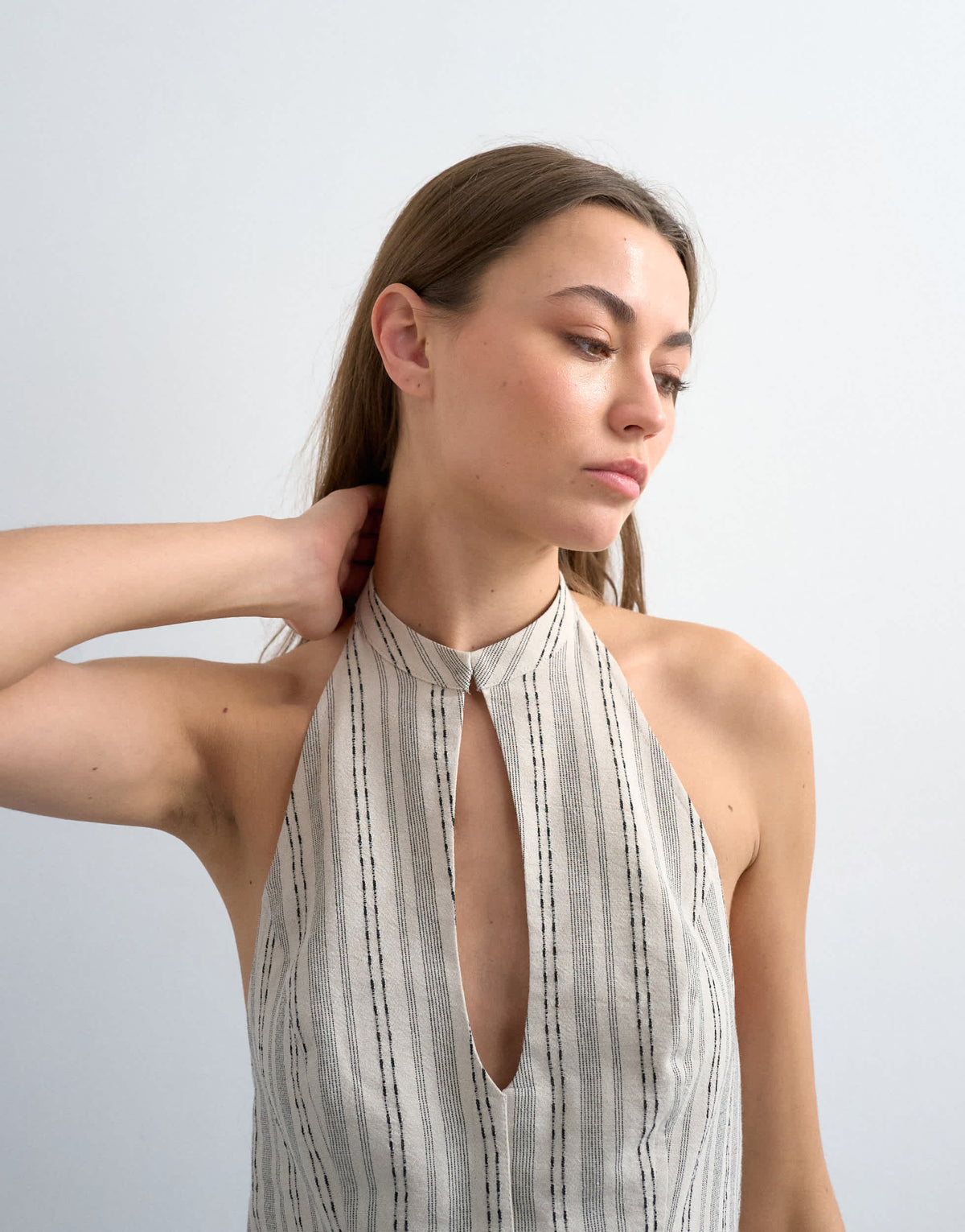 Topshop halter with key hole detail in woven black stripe