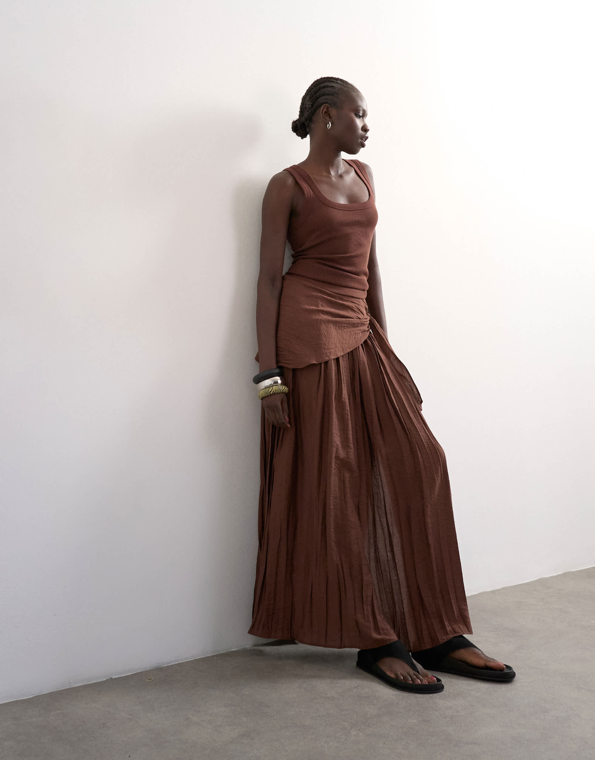 Topshop sash tie crinkle full maxi skirt in chocolate