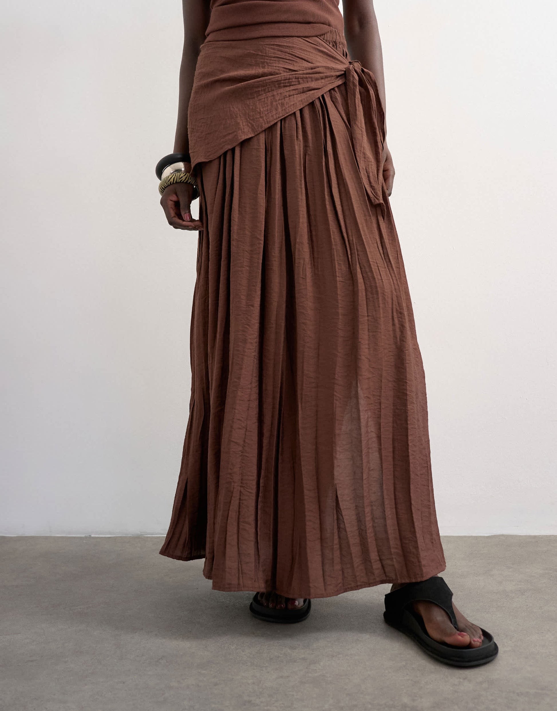 Topshop sash tie crinkle full maxi skirt in chocolate