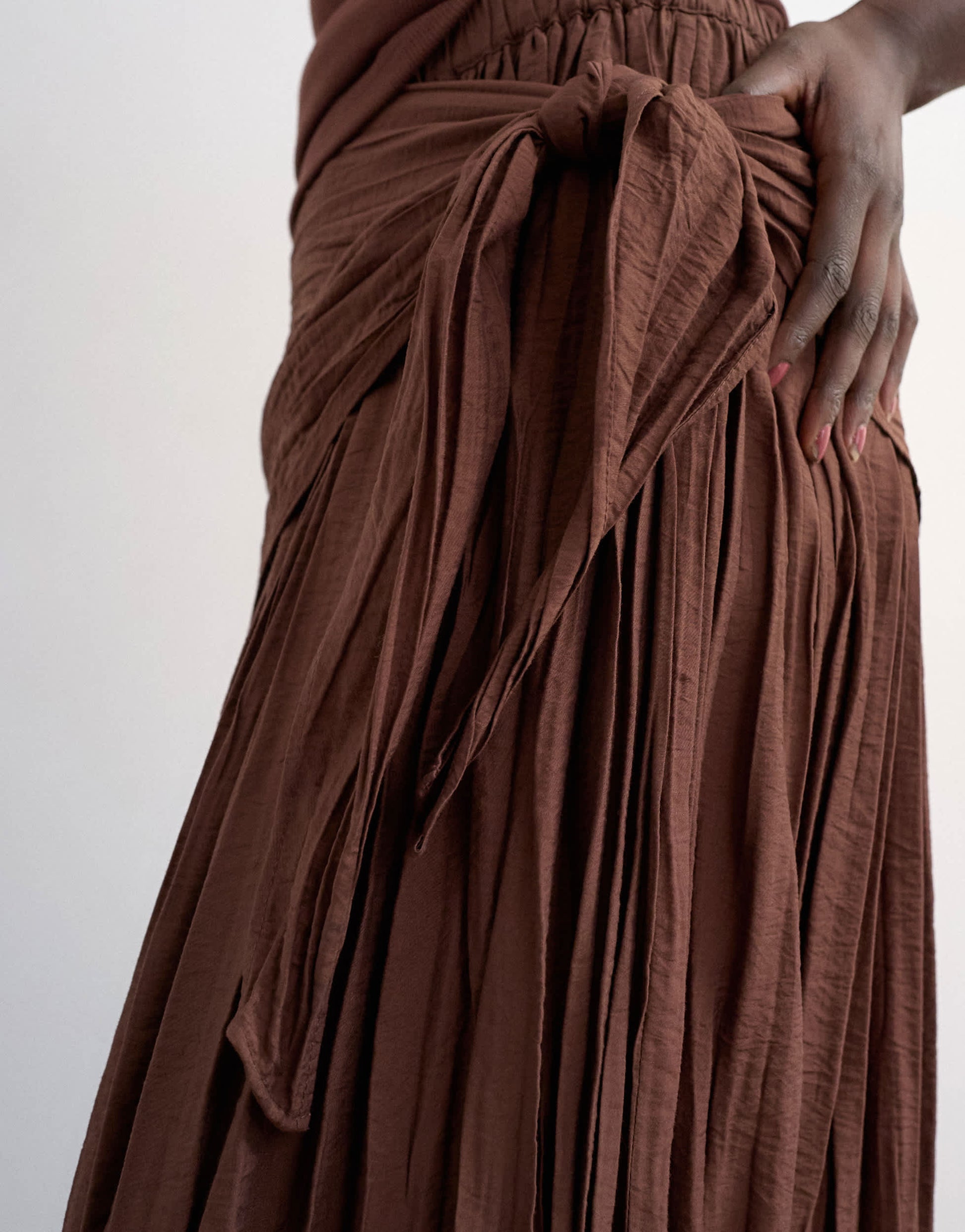 Topshop sash tie crinkle full maxi skirt in chocolate