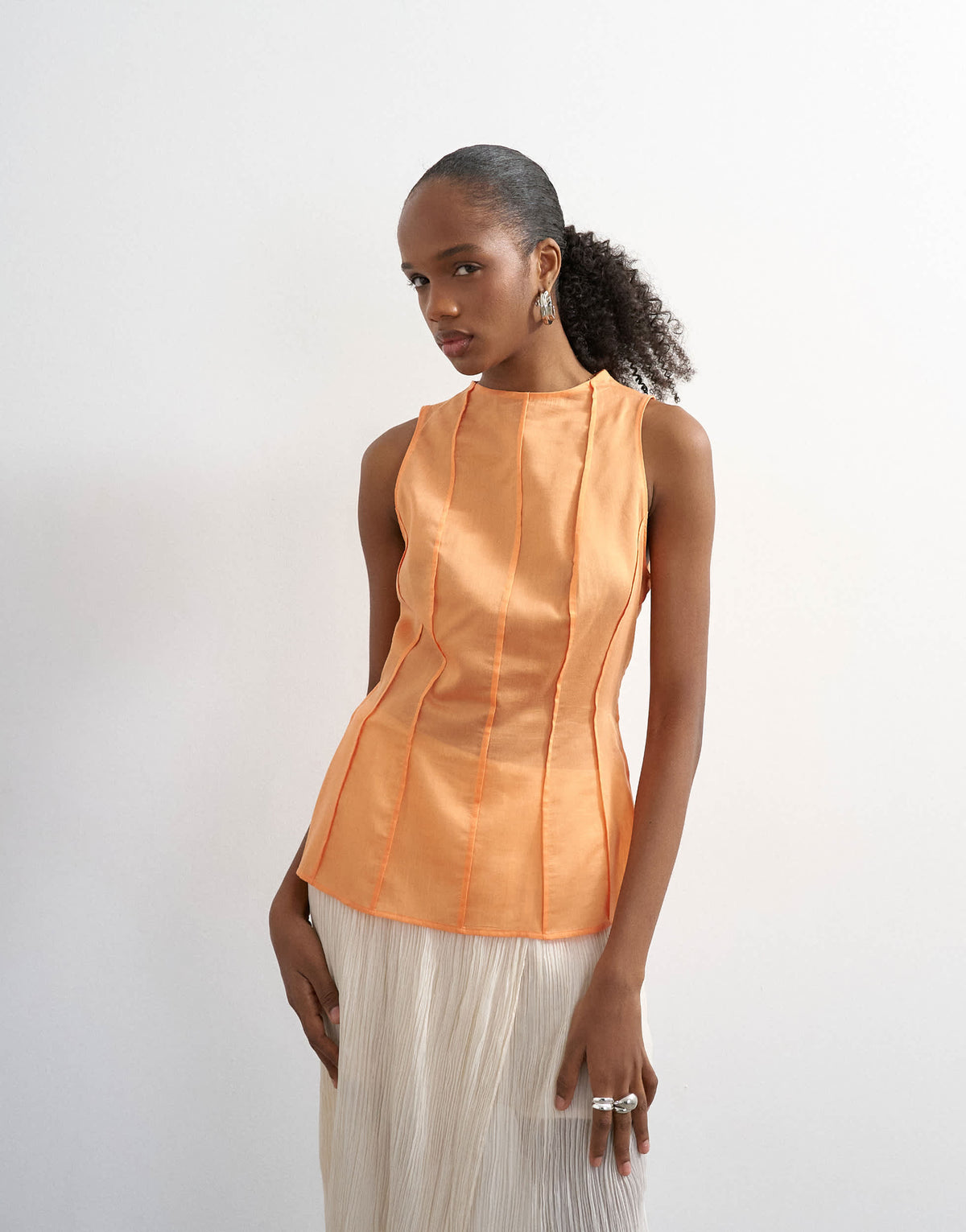 Topshop seamed detail high neck top in orange