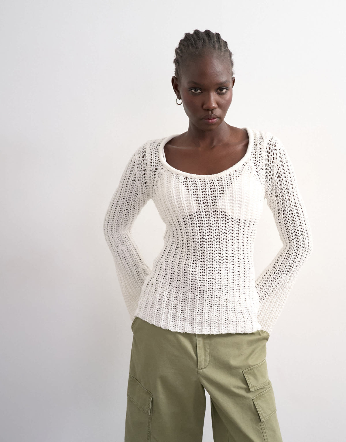 Topshop knitted open stitch long sleeve top in ivory