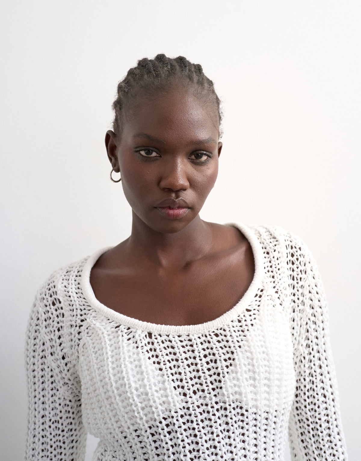 Topshop knitted open stitch long sleeve top in ivory