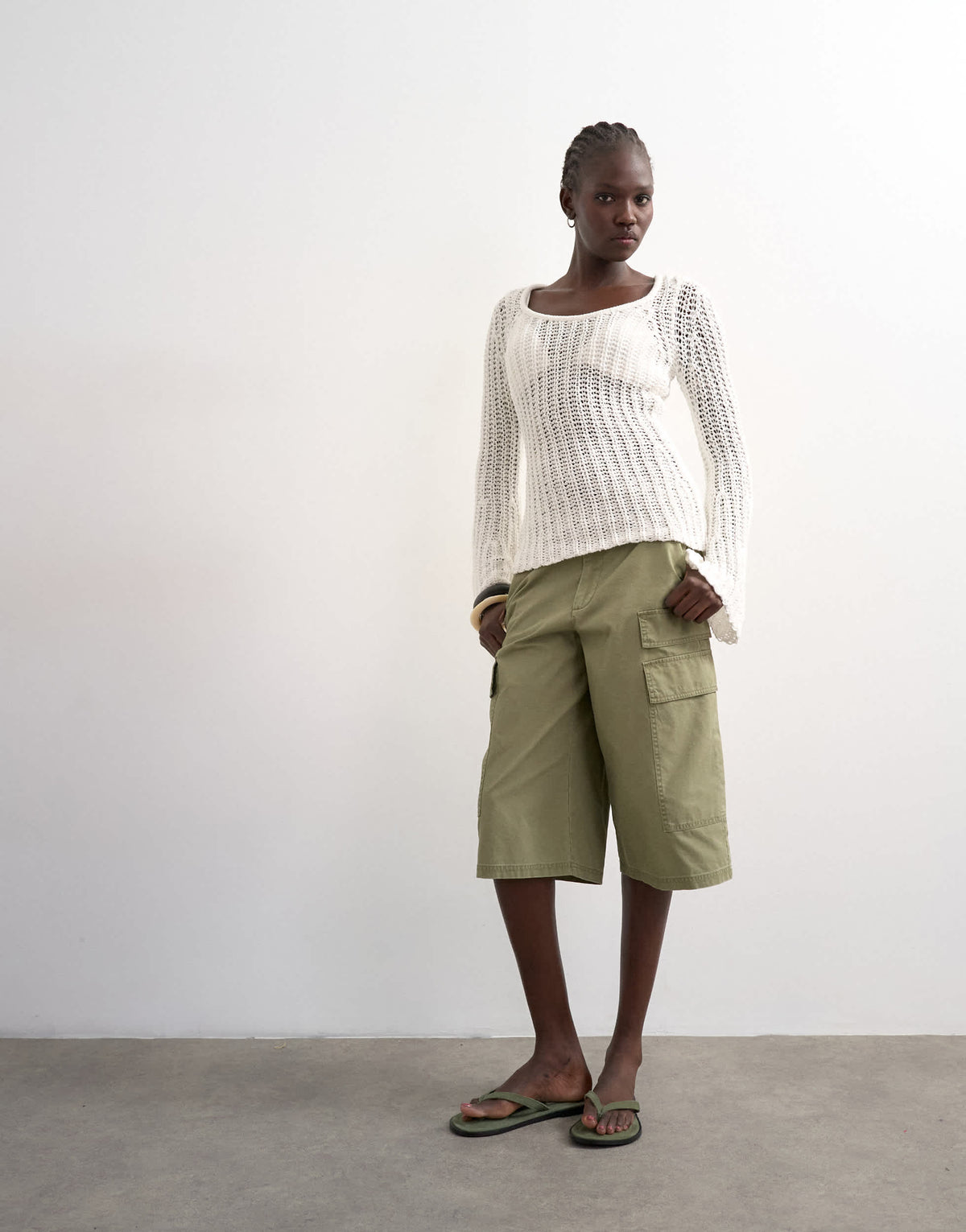 Topshop knitted open stitch long sleeve top in ivory