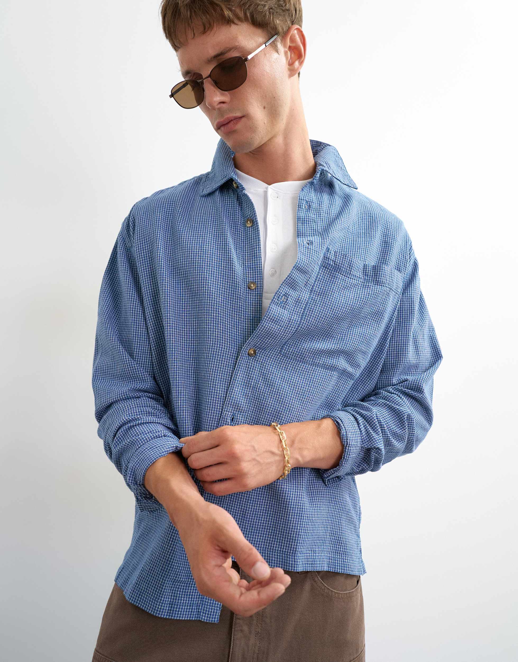 Topman Hemd mit Hahnentrittmuster aus Flanell und Relaxed Fit in Blau