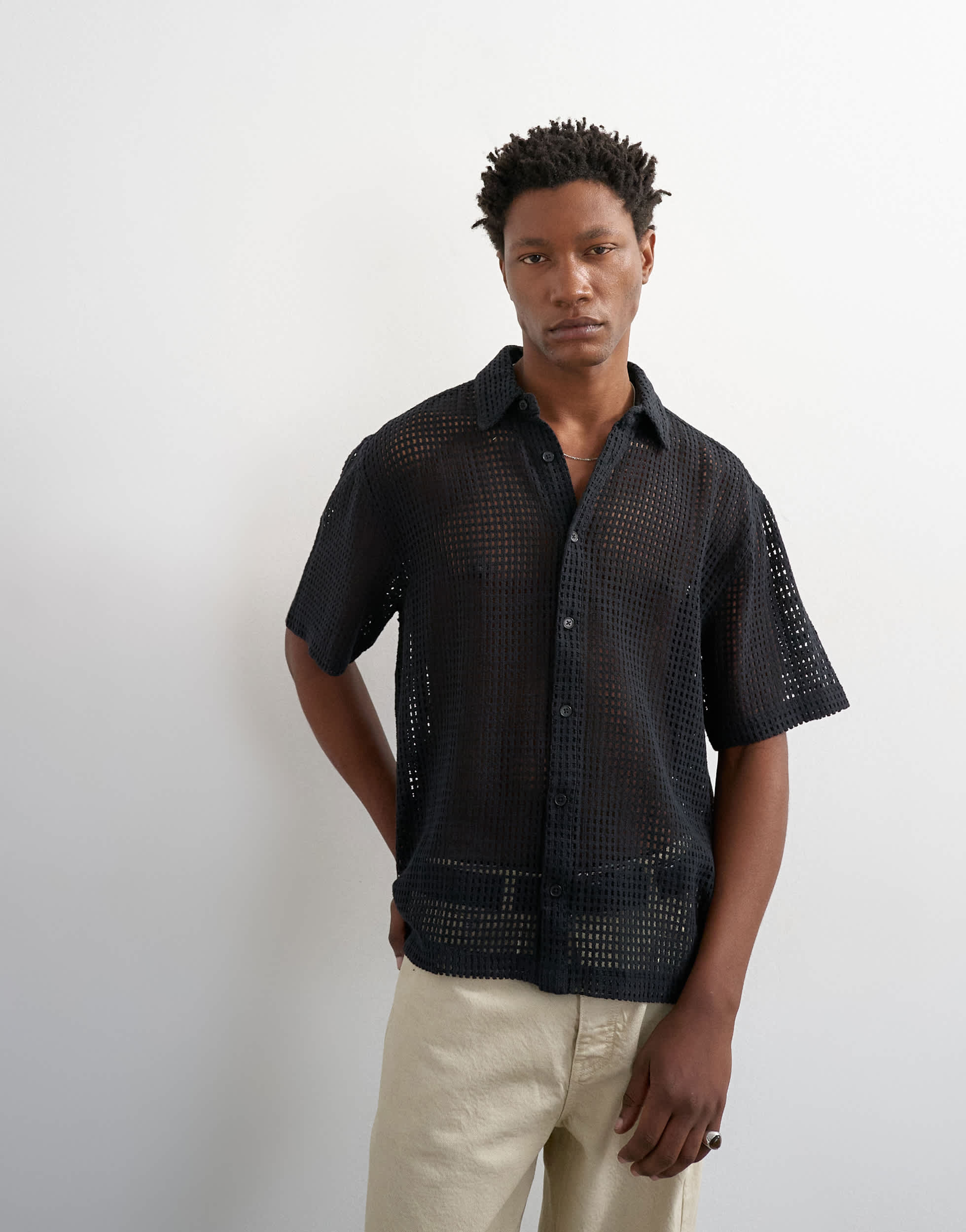 Topman Relaxed Fit Kurzarm-Hemd aus gewebtem Mesh in Schwarz