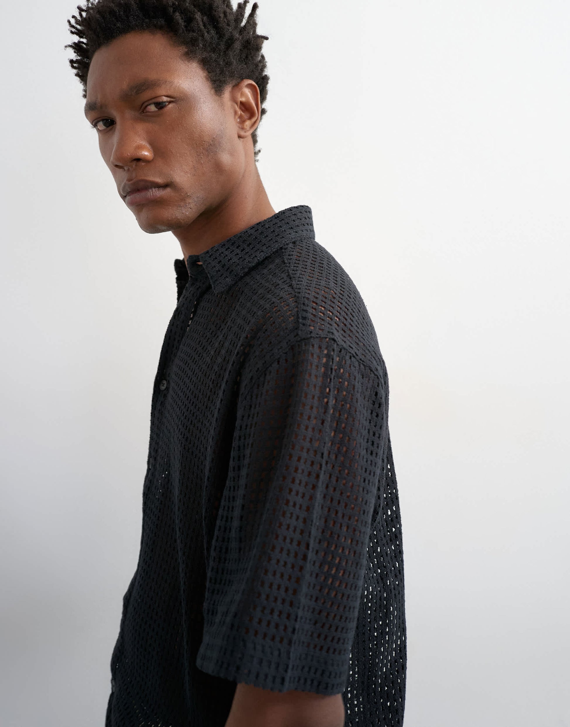 Topman relaxed fit short sleeve woven mesh shirt in black