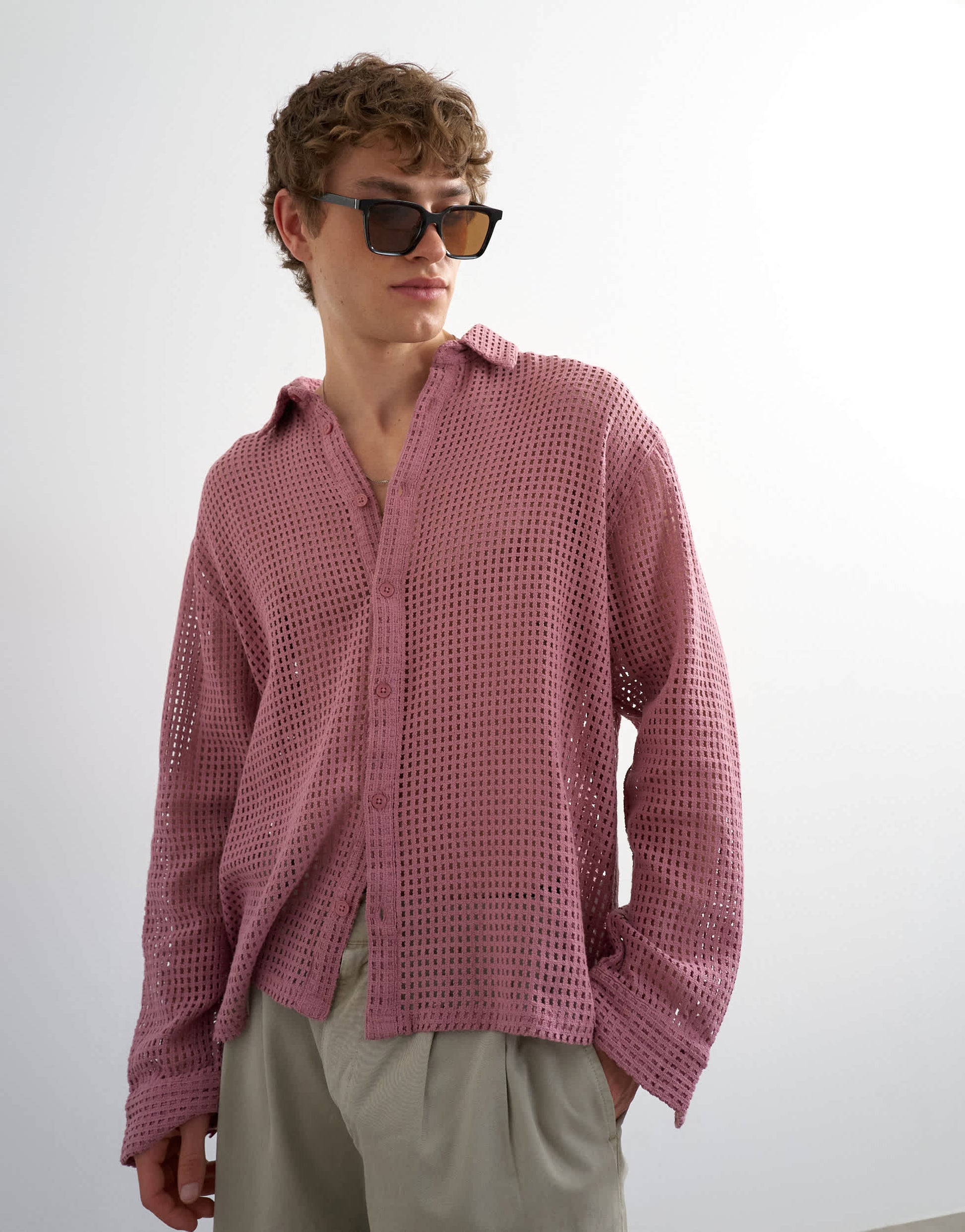 Topman relaxed fit woven mesh shirt in washed pink