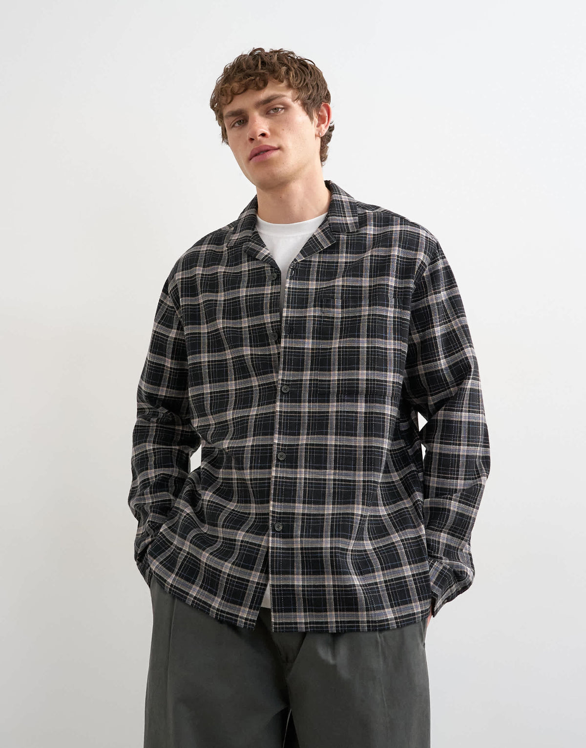Topman relaxed fit textured check revere shirt in black