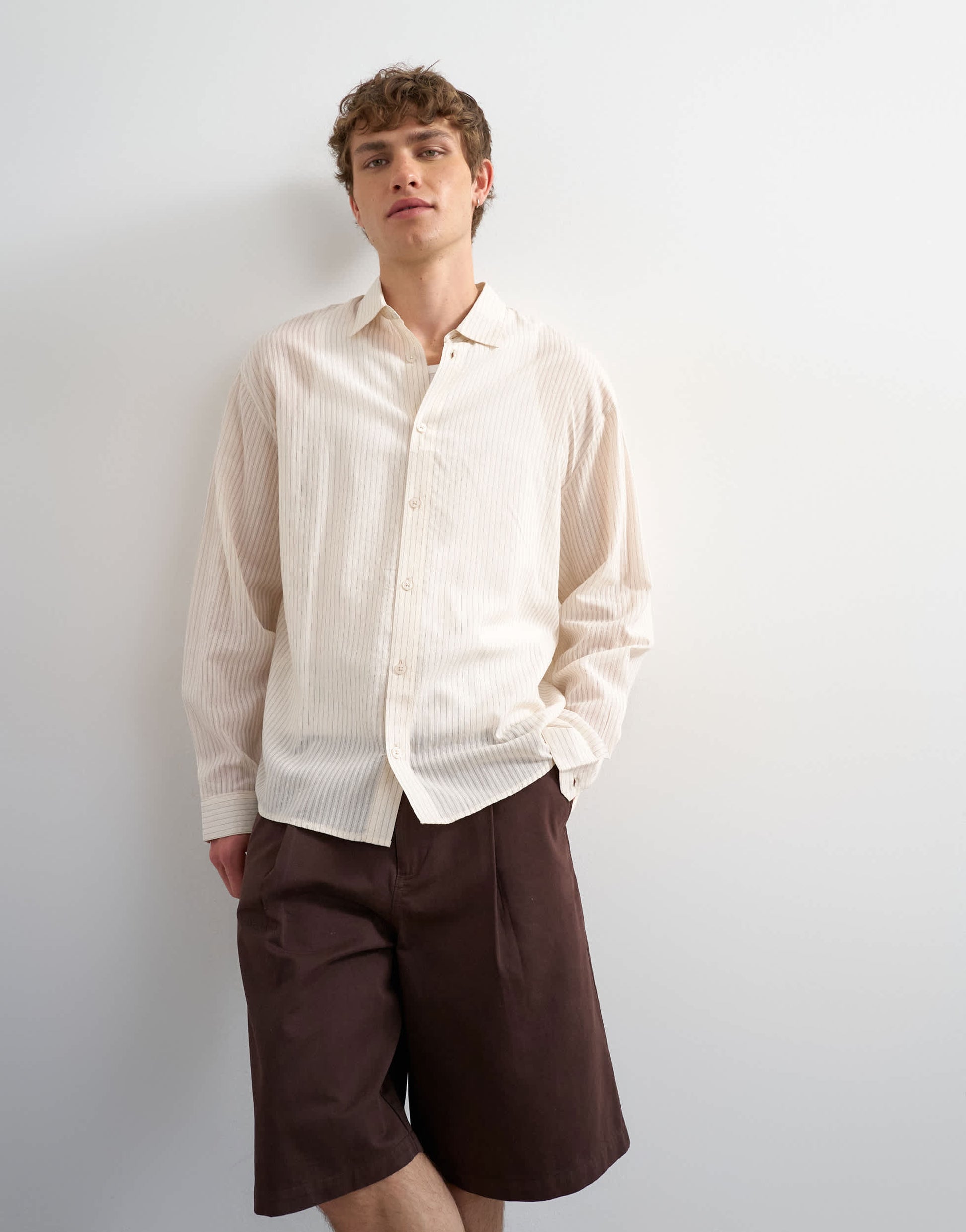 Topman oversized fit sheer stripe shirt in ecru