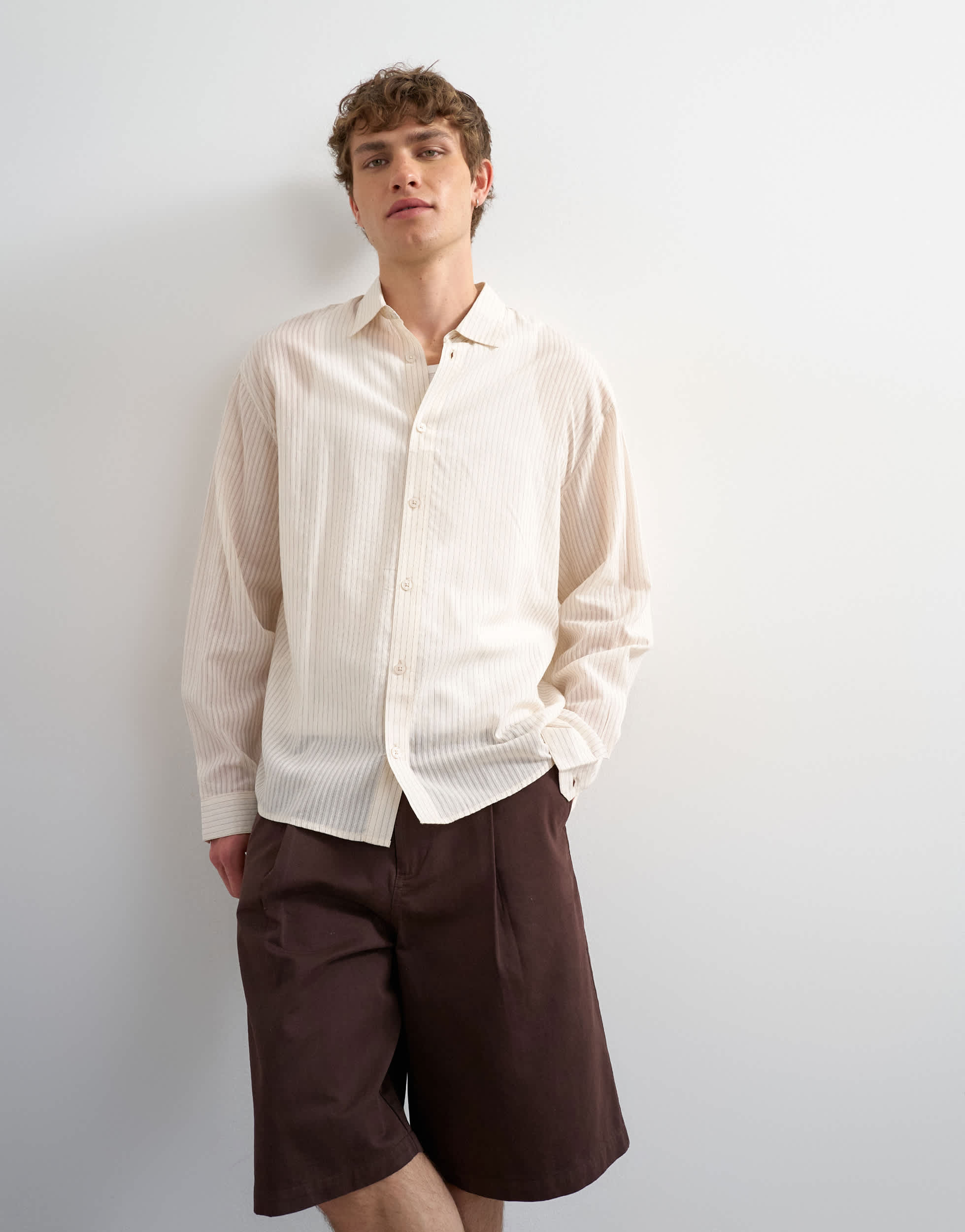 Topman oversized fit sheer stripe shirt in ecru