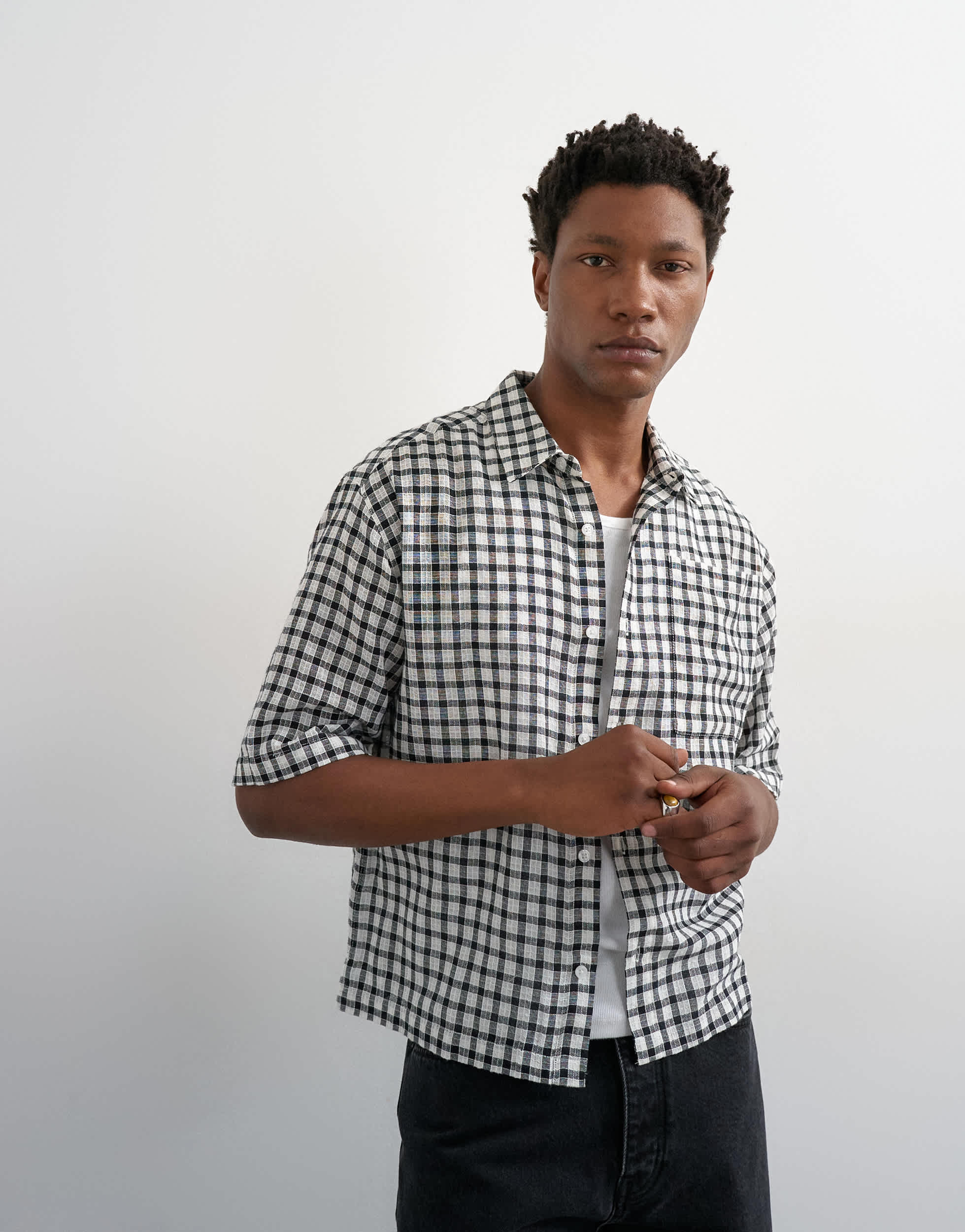 Topman relaxed fit crop textured check shirt in mono