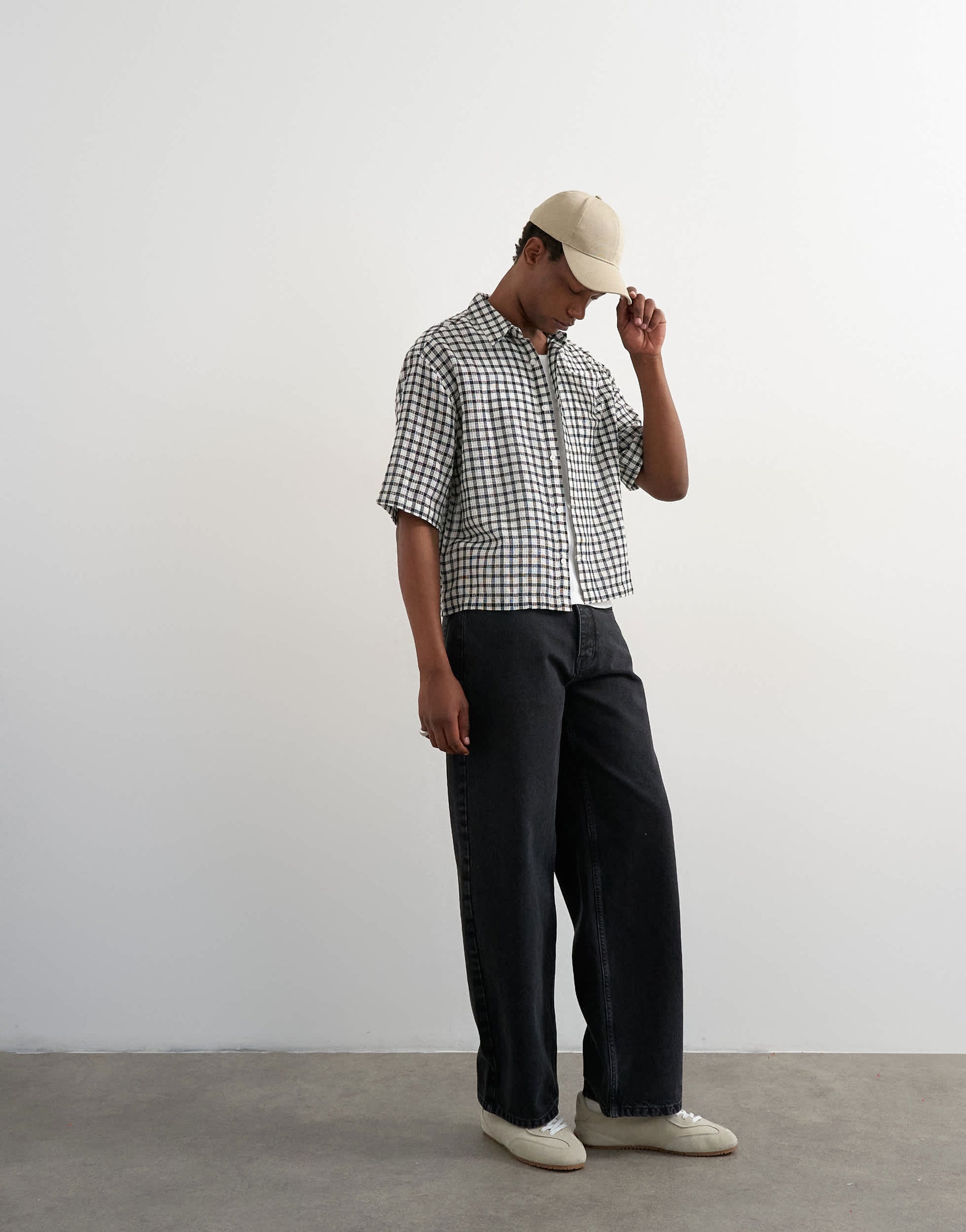 Topman relaxed fit crop textured check shirt in mono