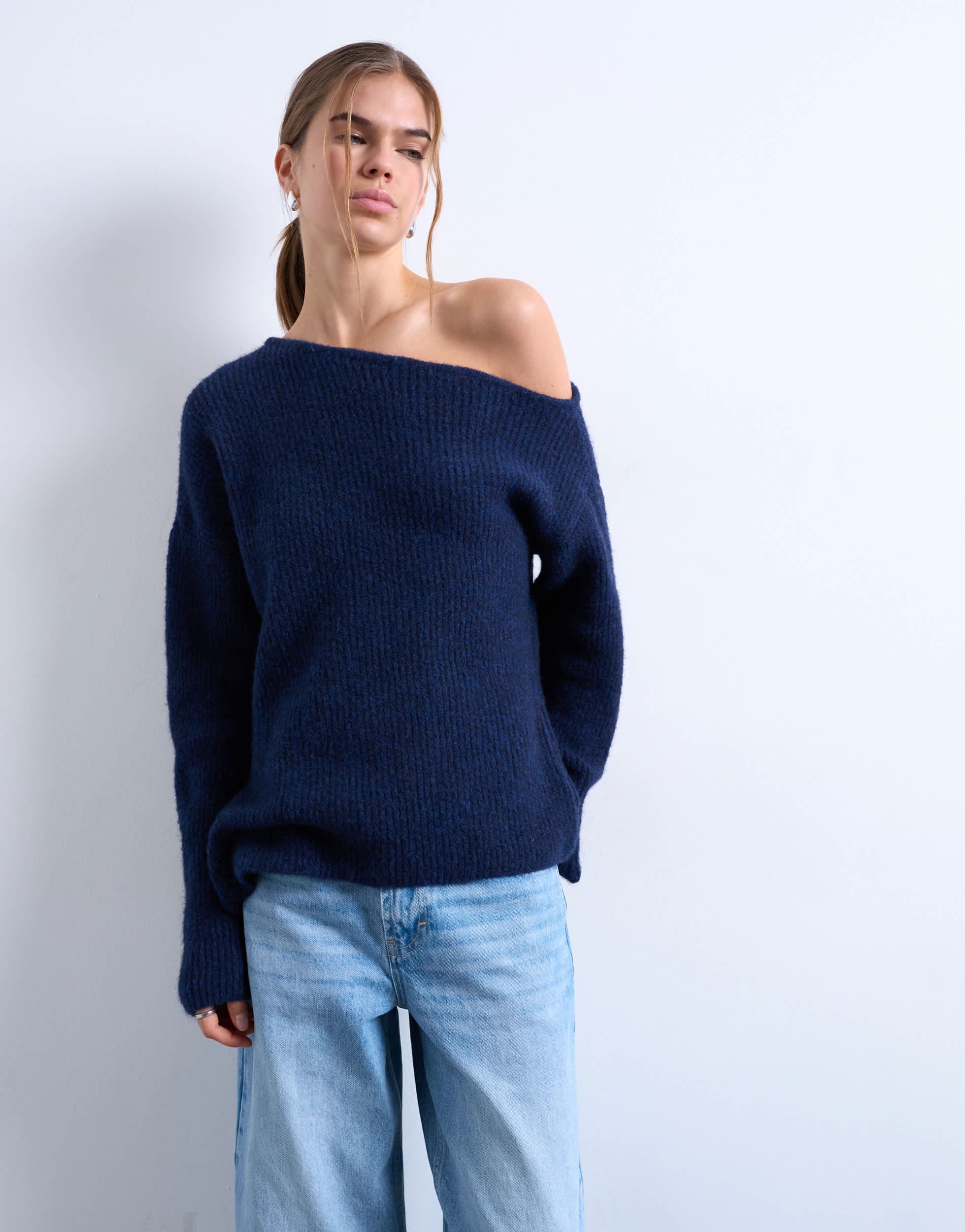 Topshop knitted asymmetric one shoulder top in navy