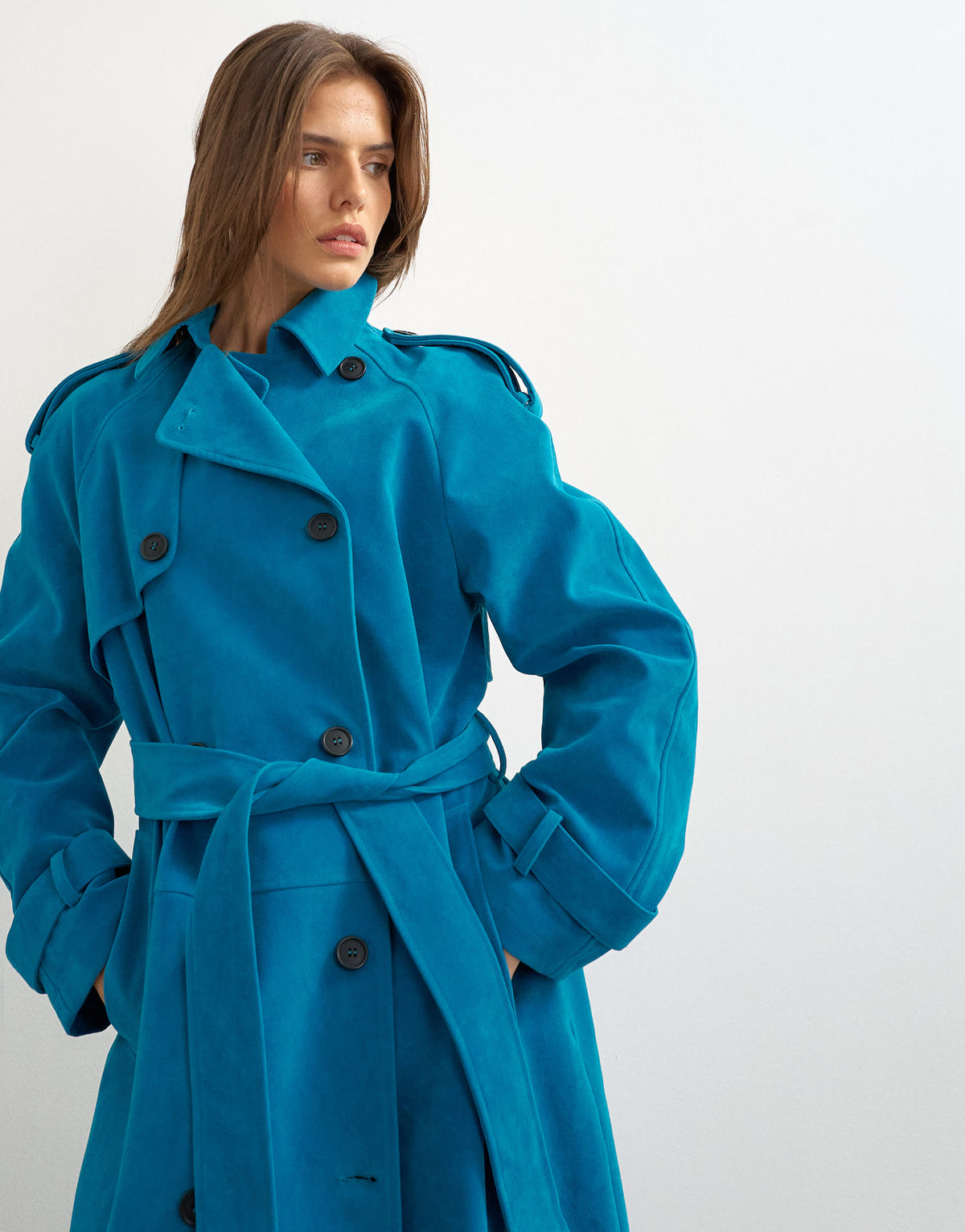 Topshop longline oversized faux suede trench coat in blue