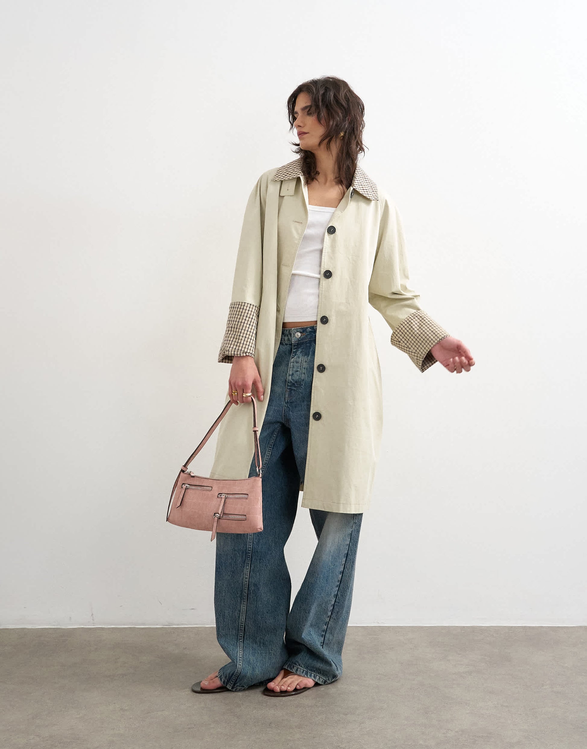Topshop clean front trench with contrast check in neutral