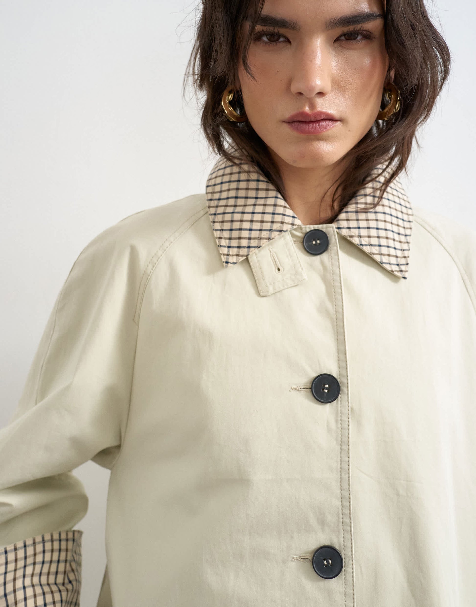 Topshop clean front trench with contrast check in neutral