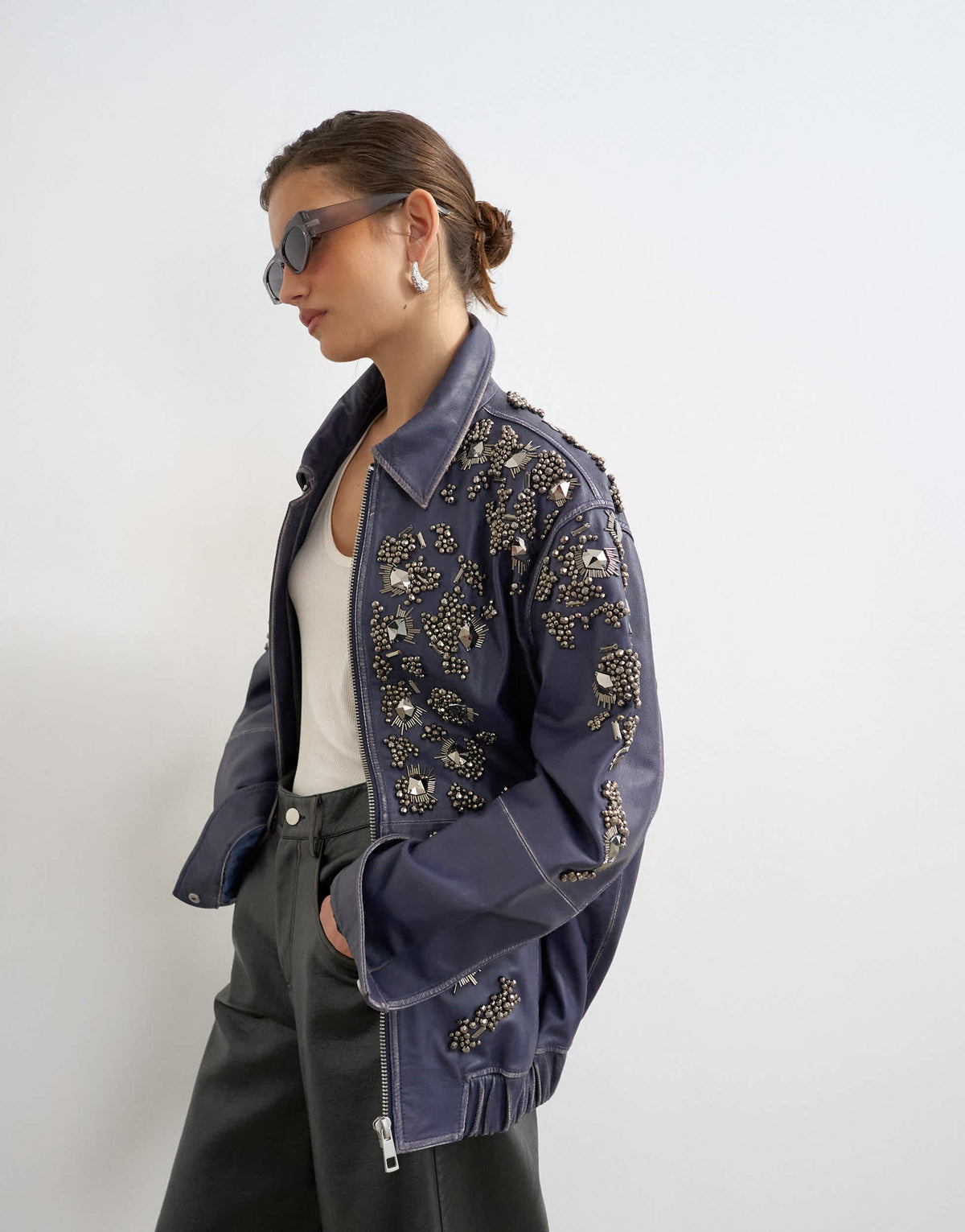Topshop real leather beaded jacket in blue