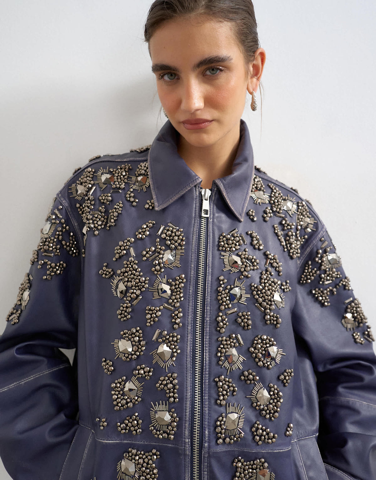 Topshop real leather beaded jacket in blue