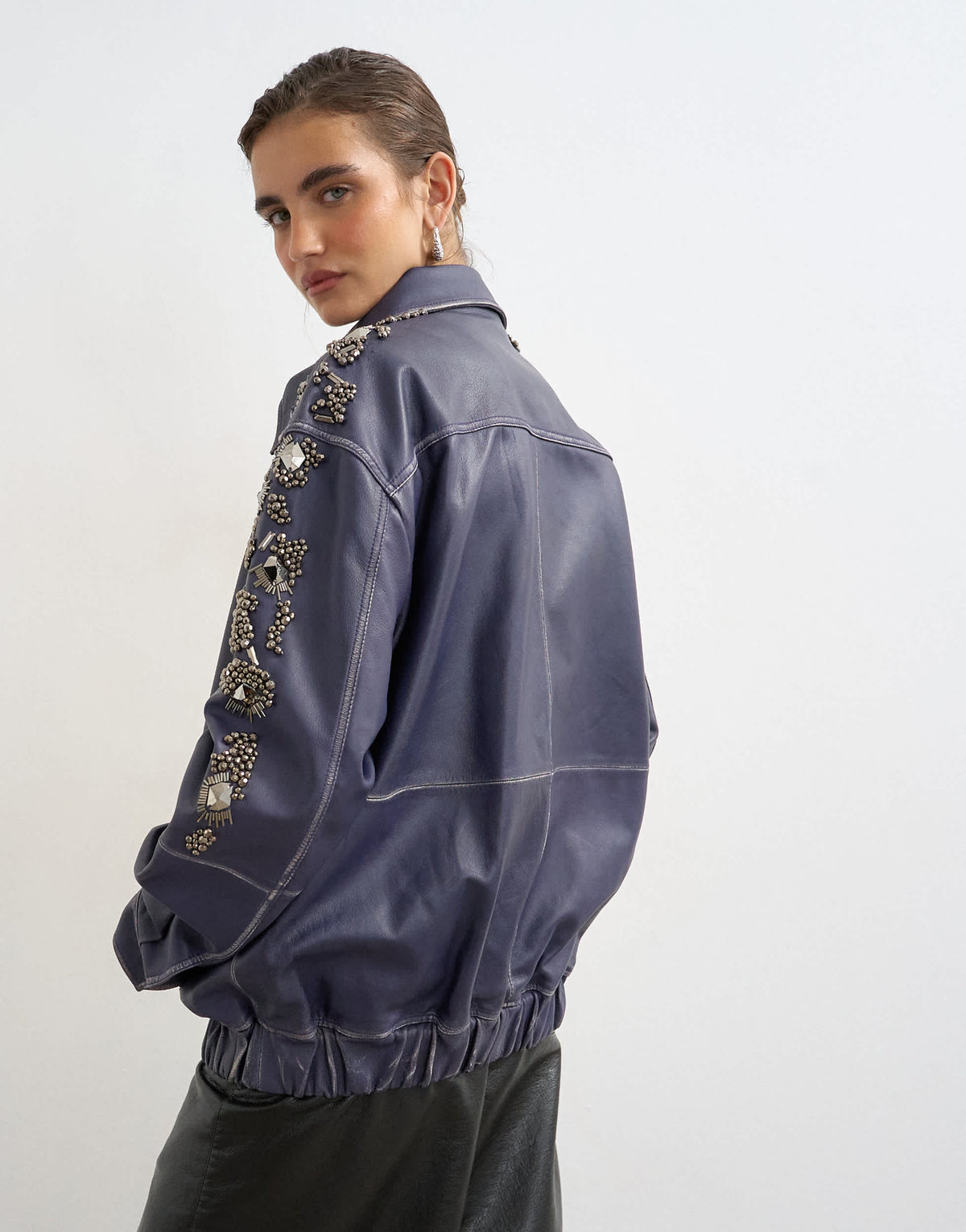 Topshop real leather beaded jacket in blue