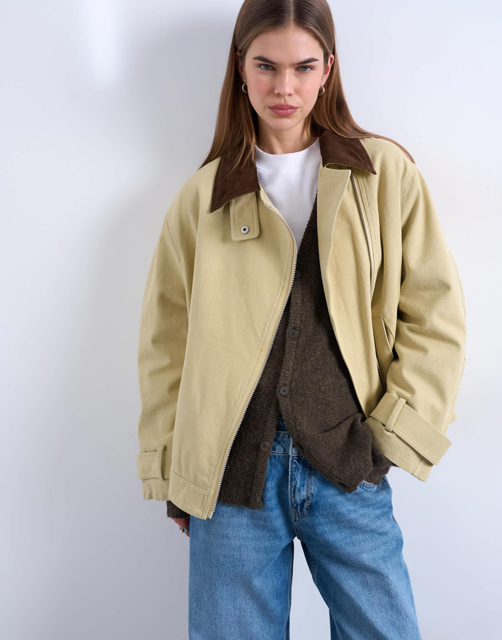 Topshop washed zip front jacket with contrast cord collar in beige