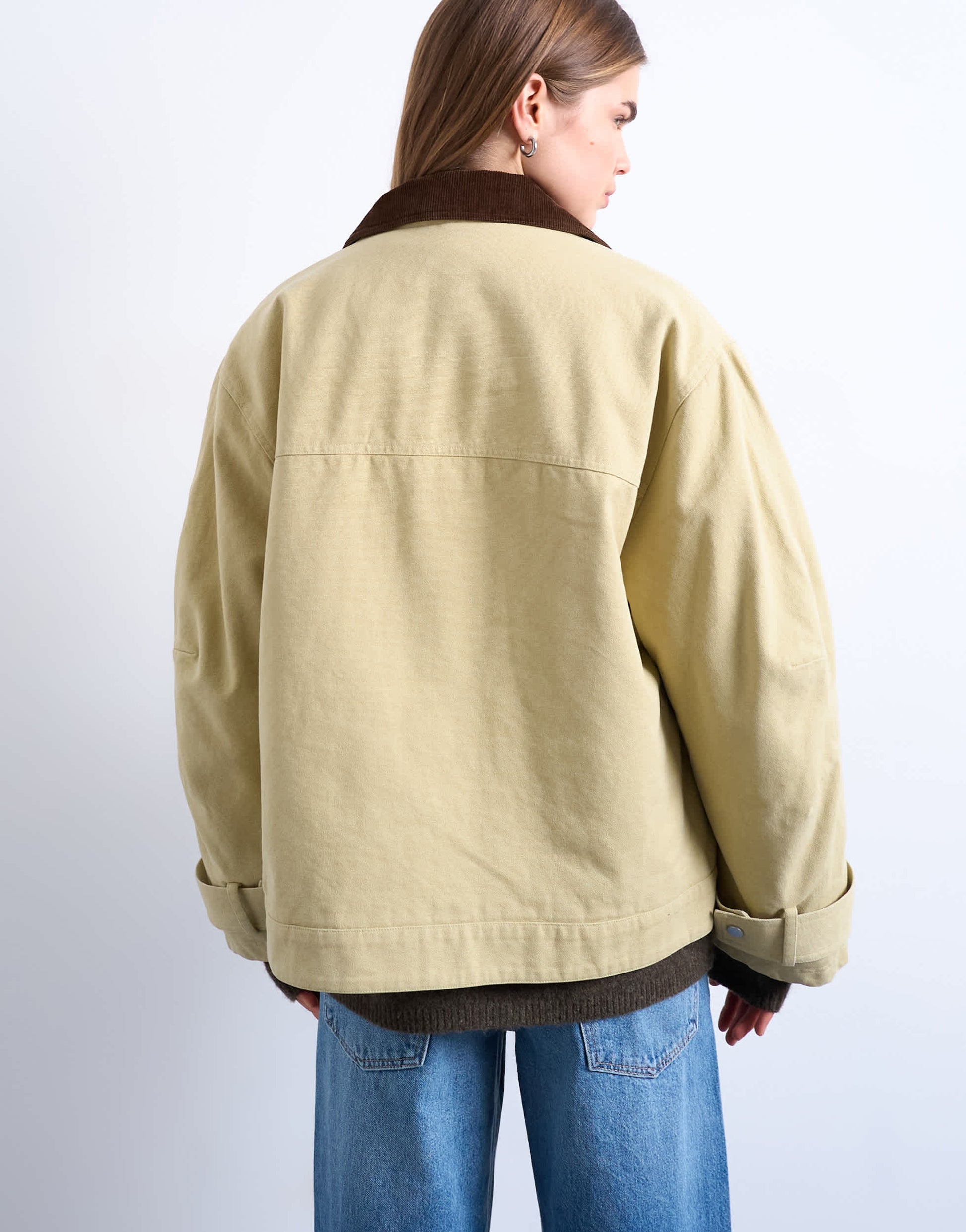 Topshop washed zip front jacket with contrast cord collar in beige