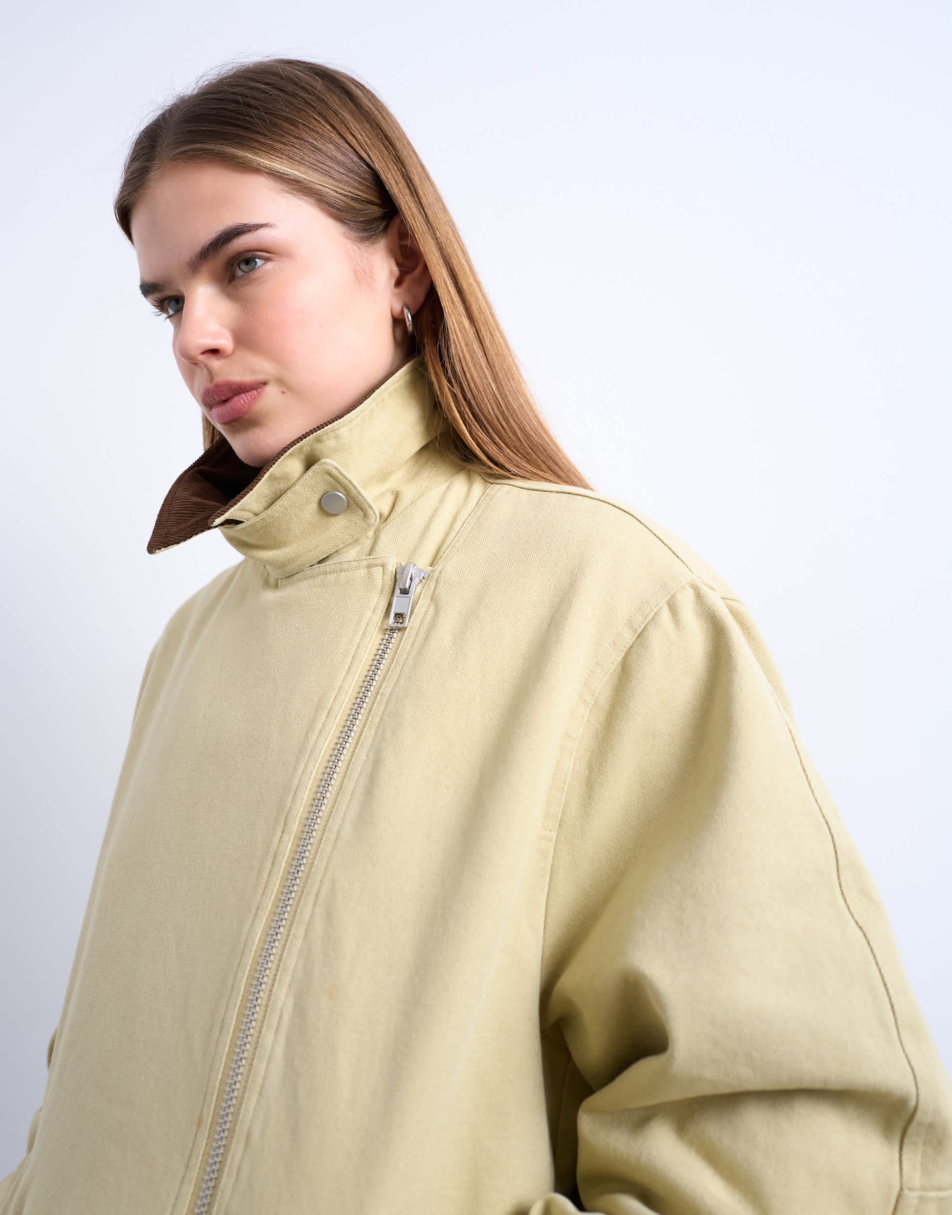 Topshop washed zip front jacket with contrast cord collar in beige