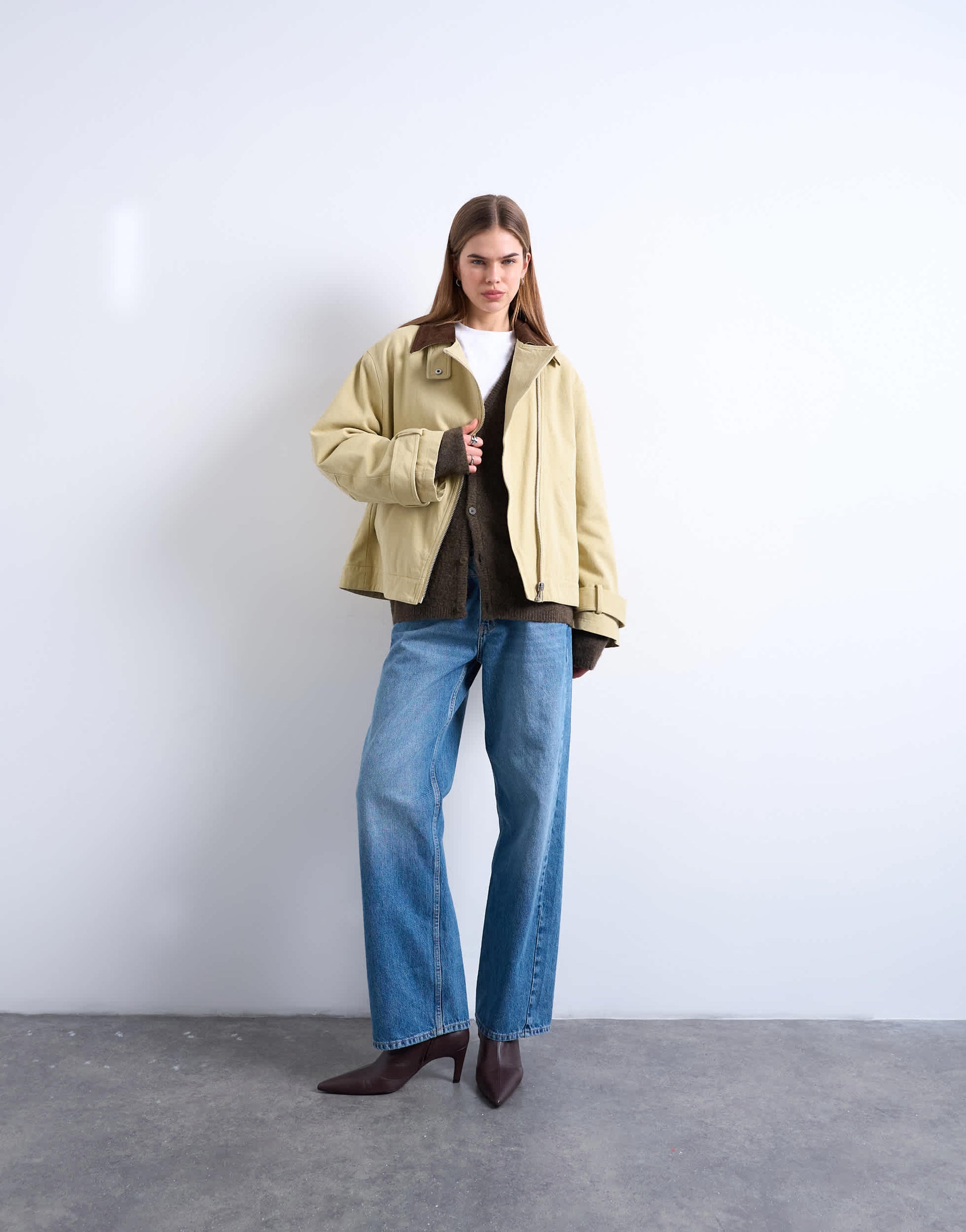 Topshop washed zip front jacket with contrast cord collar in beige