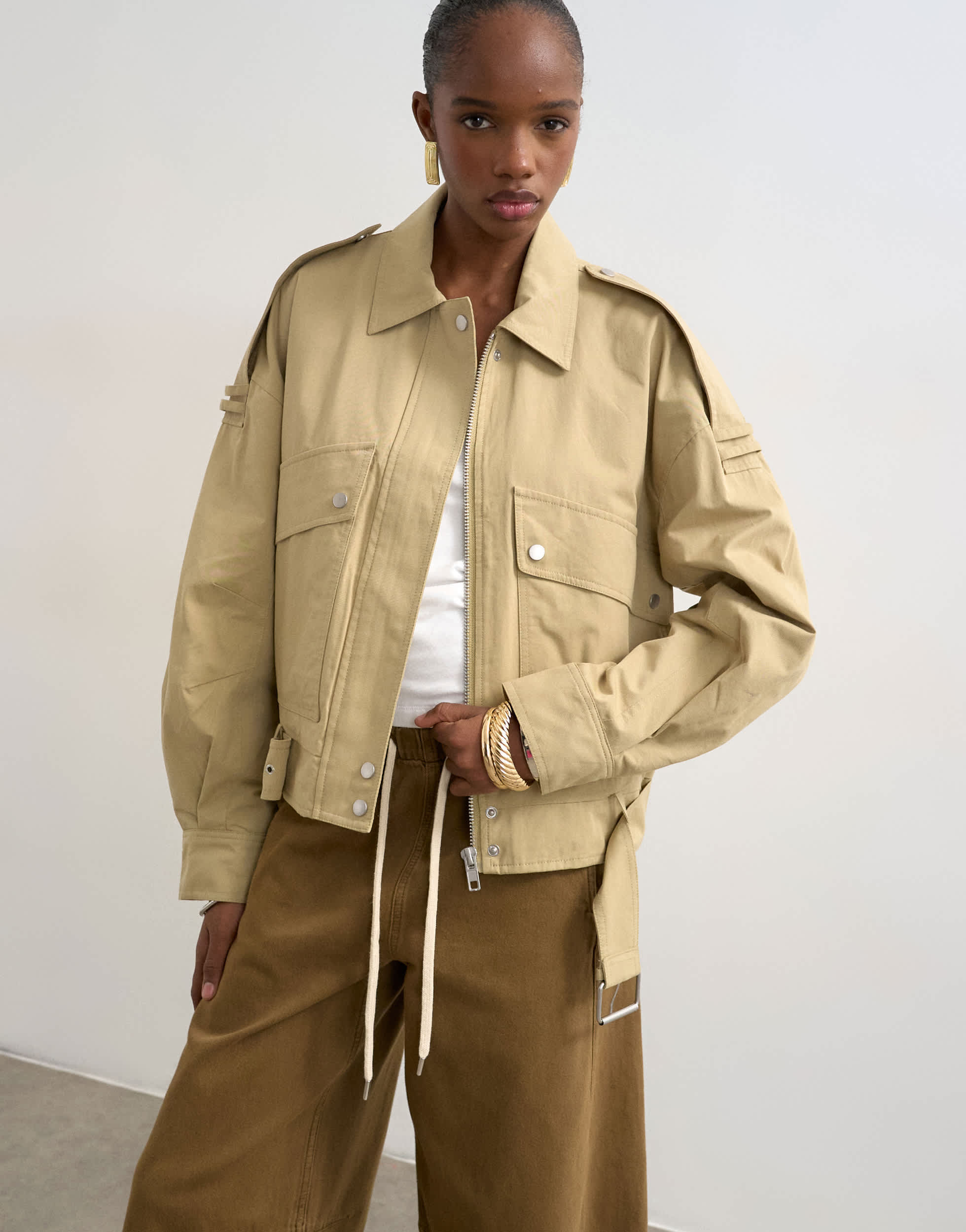 Topshop cotton belted biker jacket in stone
