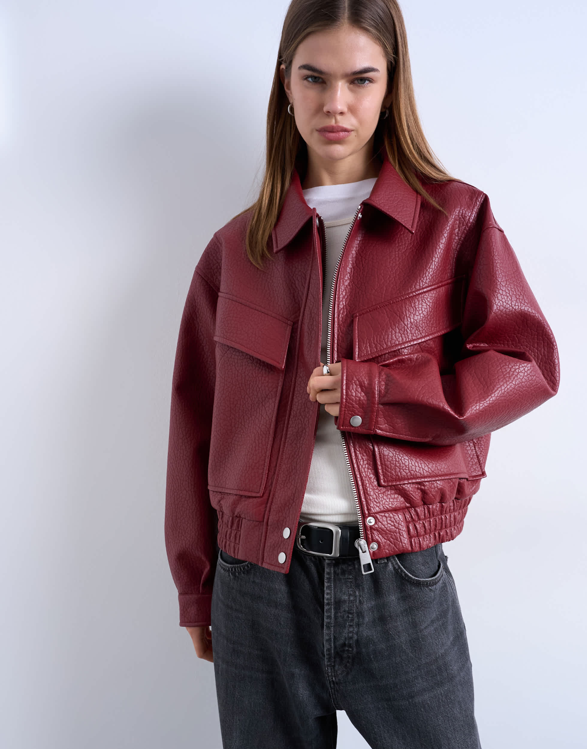 Topshop faux leather bubble boxy zip through pocket bomber jacket in red