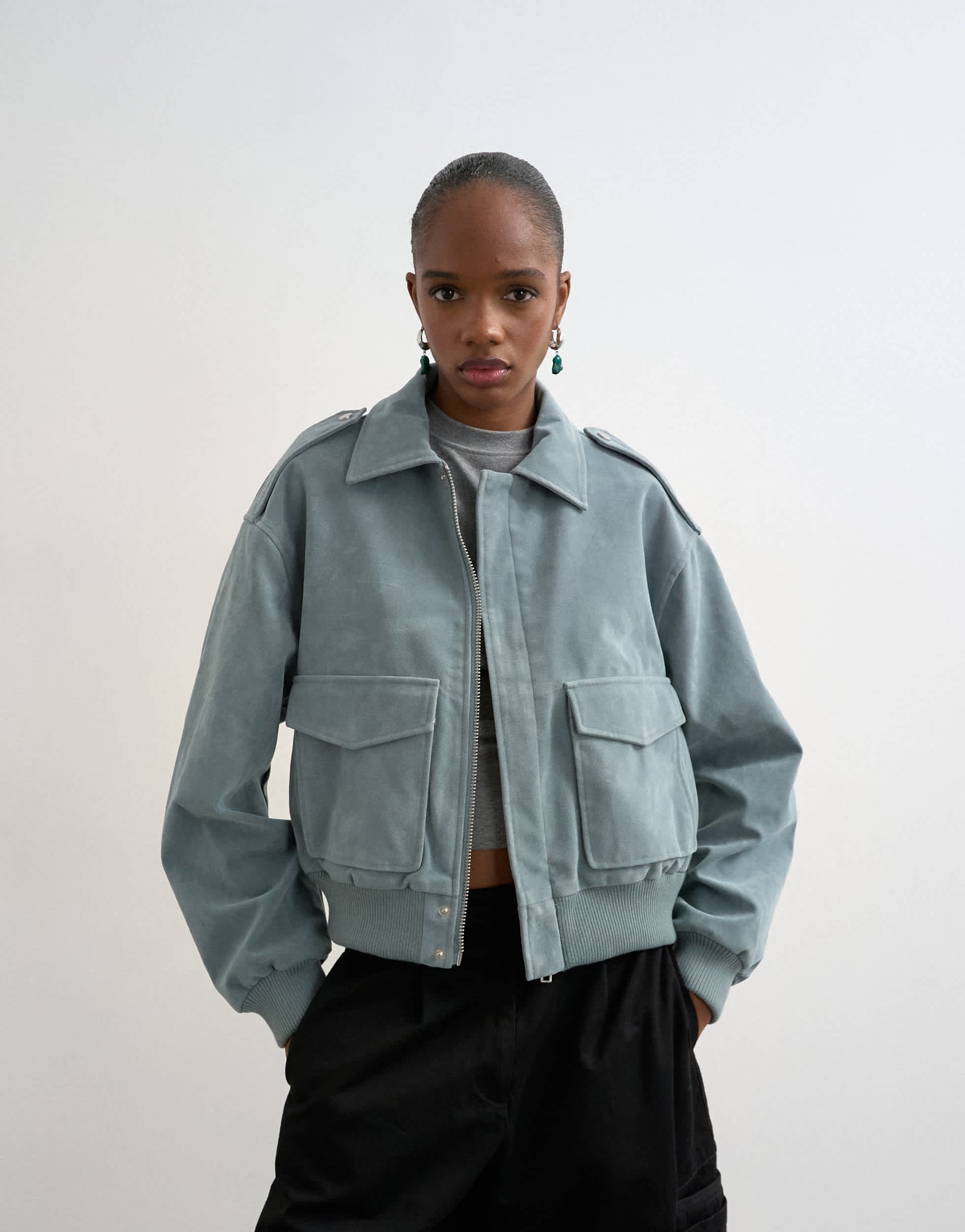 Topshop faux suede zip through jacket with patch pockets in blue