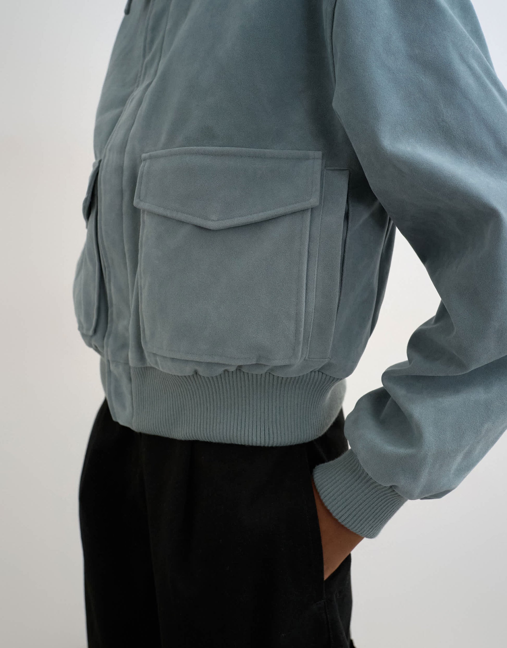 Topshop faux suede zip through jacket with patch pockets in blue