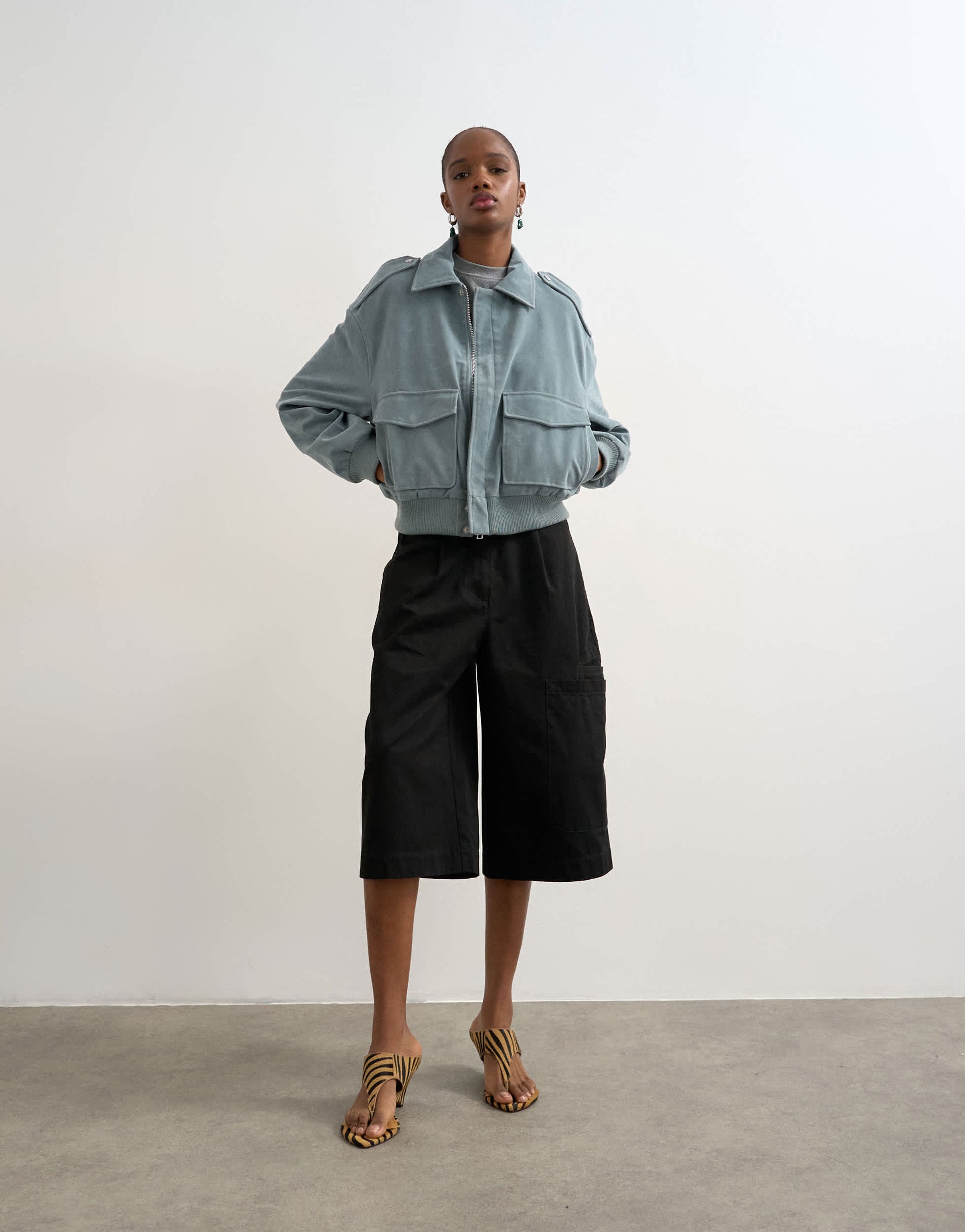 Topshop faux suede zip through jacket with patch pockets in blue