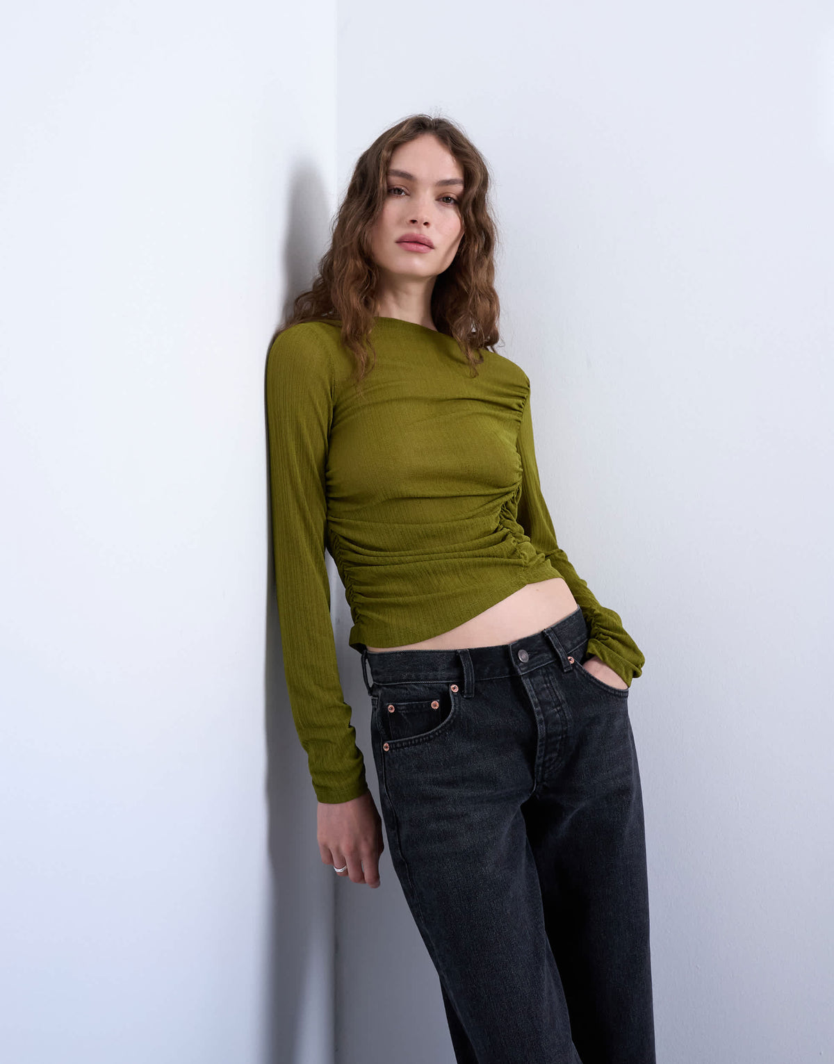 Topshop mesh twisted draped long sleeve top in olive green