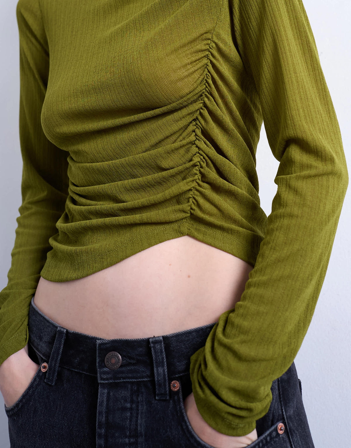 Topshop mesh twisted draped long sleeve top in olive green