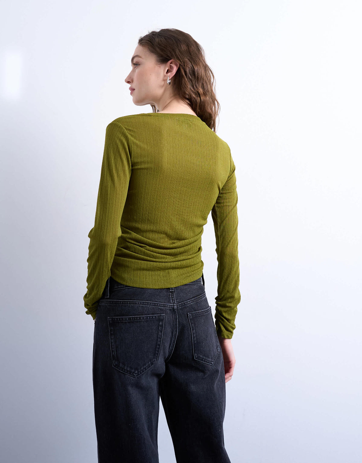 Topshop mesh twisted draped long sleeve top in olive green