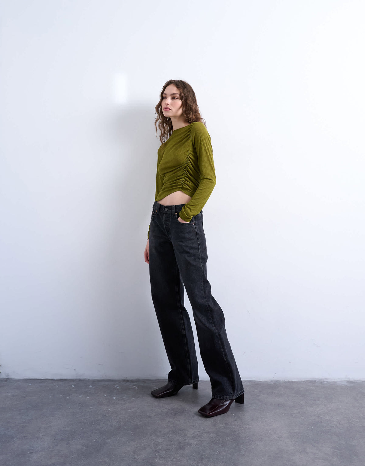 Topshop mesh twisted draped long sleeve top in olive green