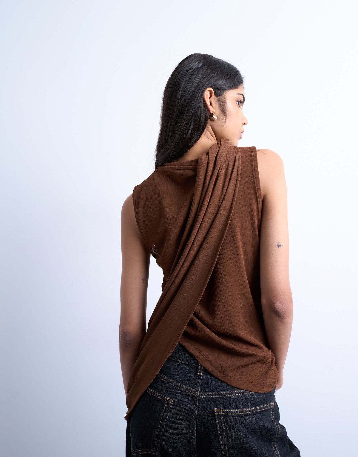 Topshop asymmetric drape detail top in chocolate