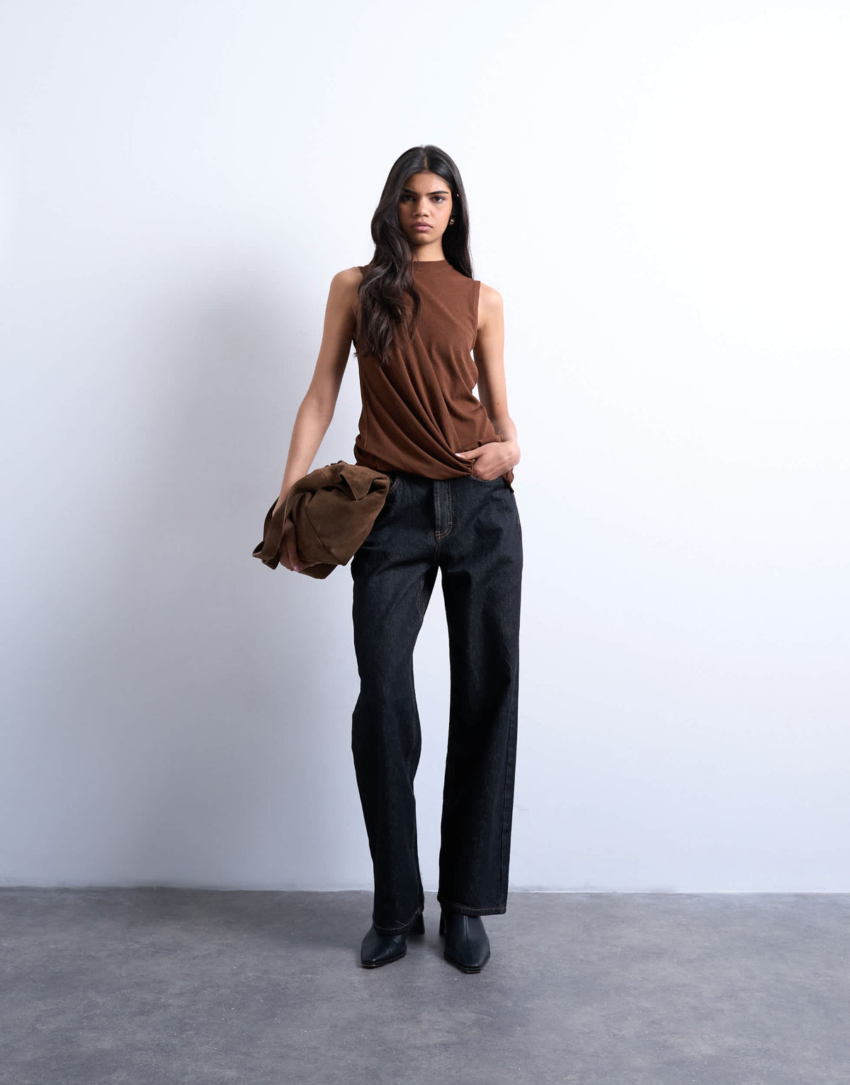 Topshop asymmetric drape detail top in chocolate