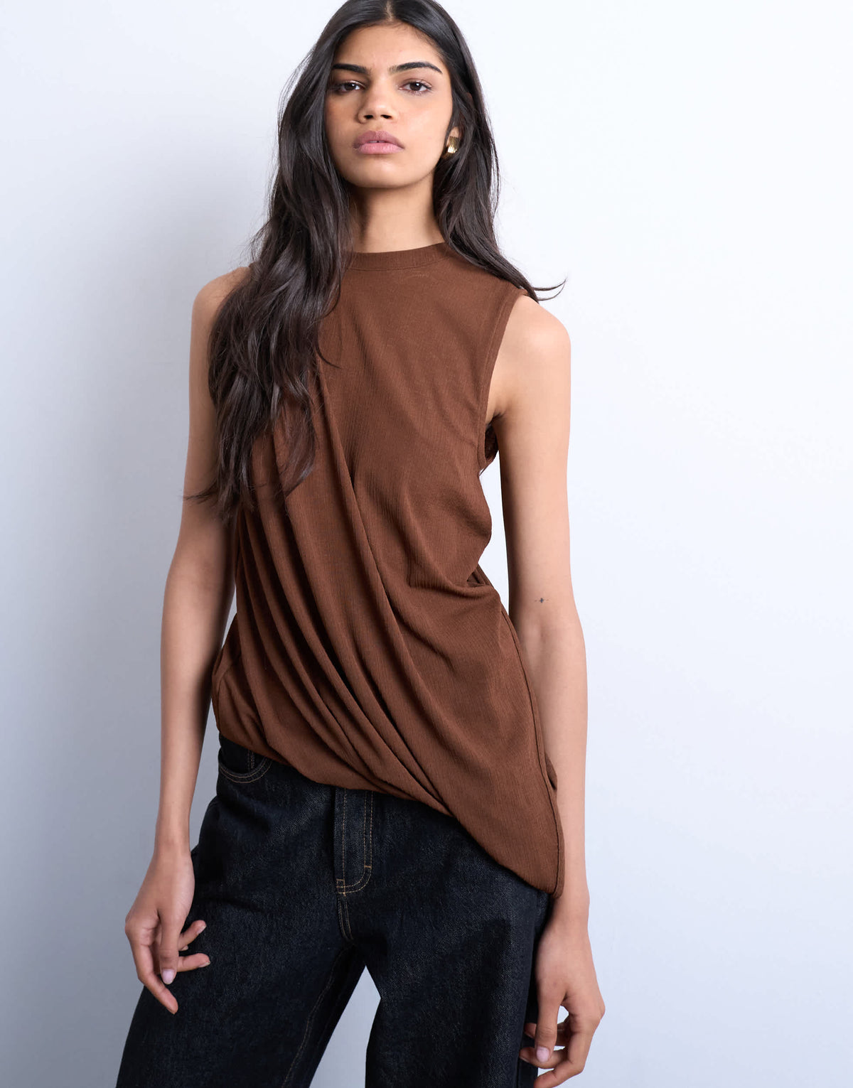 Topshop asymmetric drape detail top in chocolate