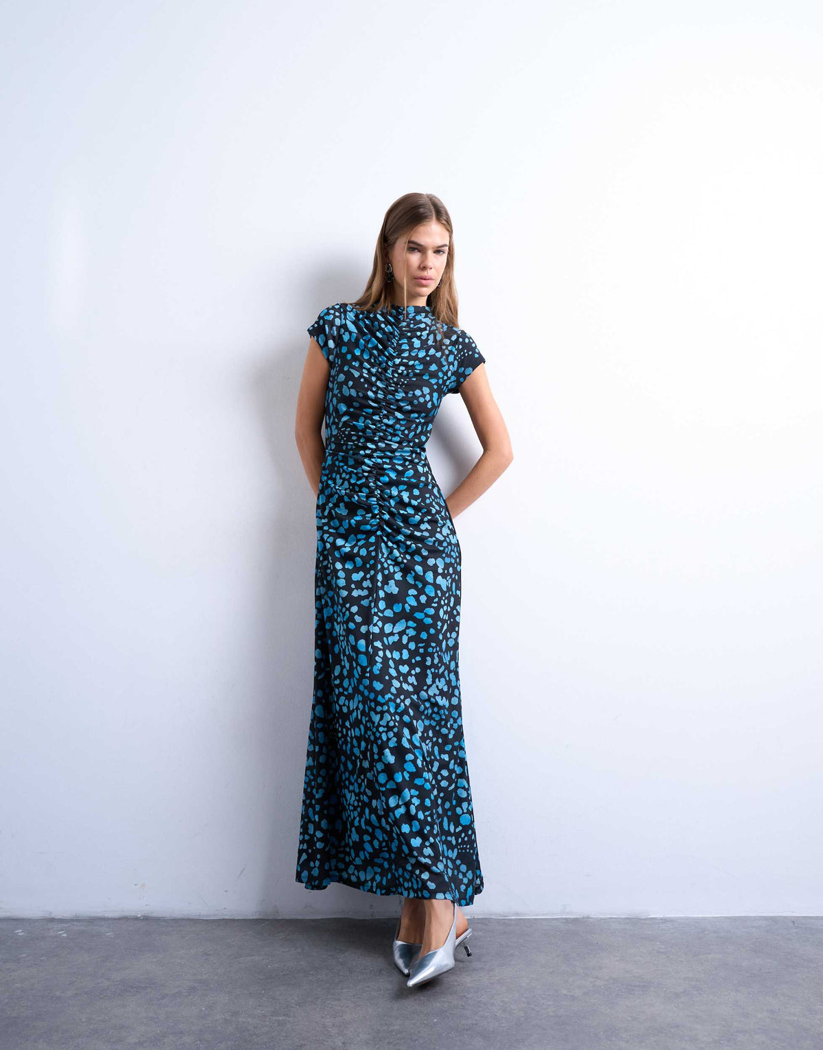 Topshop animal print cap sleeve ruched maxi dress in blue